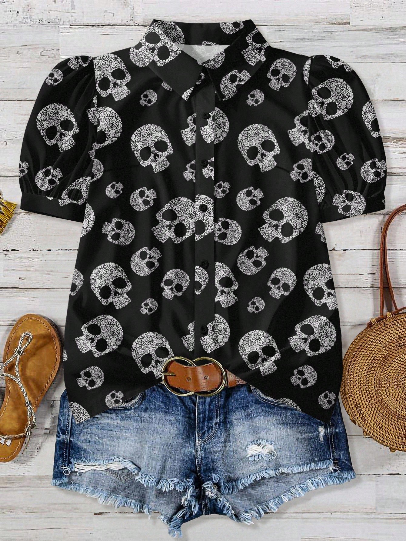 EMERY ROSE Women's Plus Size Halloween Skull Pattern Puff Sleeve Shirt,Casual Black Summer Goth Blouses For Concert Festival,Bohemian Renaissance Chic Clothing