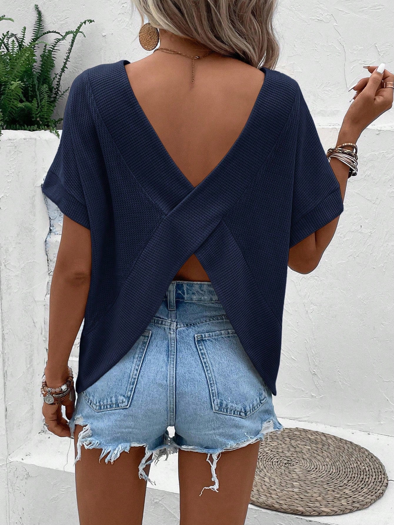 Essnce Plus Size Women's Navy Blue Summer Smart Casual Everyday Backless Hollow Short-Sleeved T-Shirt,Boho Vacation Curve Tops,Beach Cute Hawaii