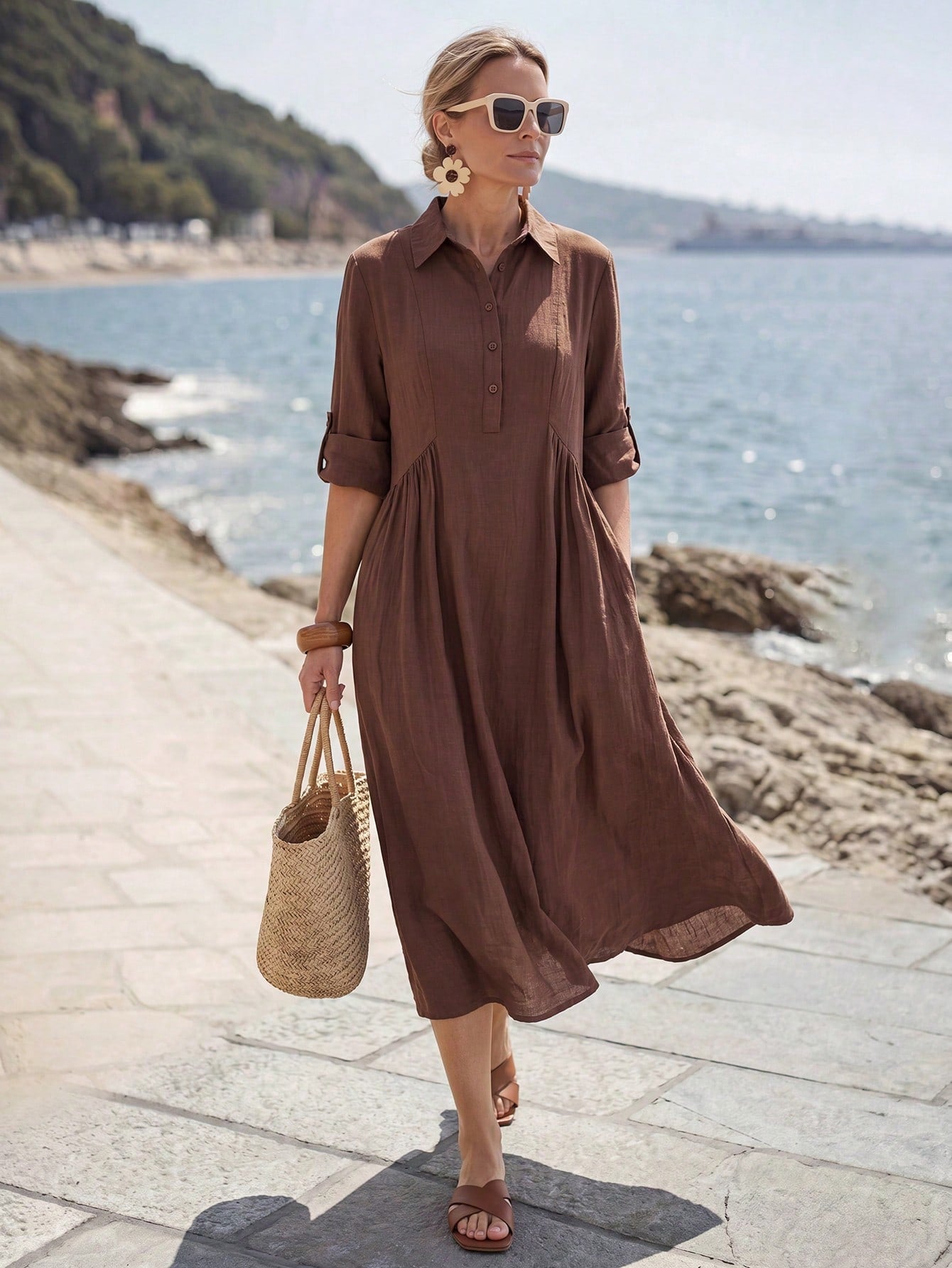 Faunlyn Women's Solid Color Rolled Sleeve Button Half-Placket Midi Dress Vacation Shades Of Brown Autumn Casual