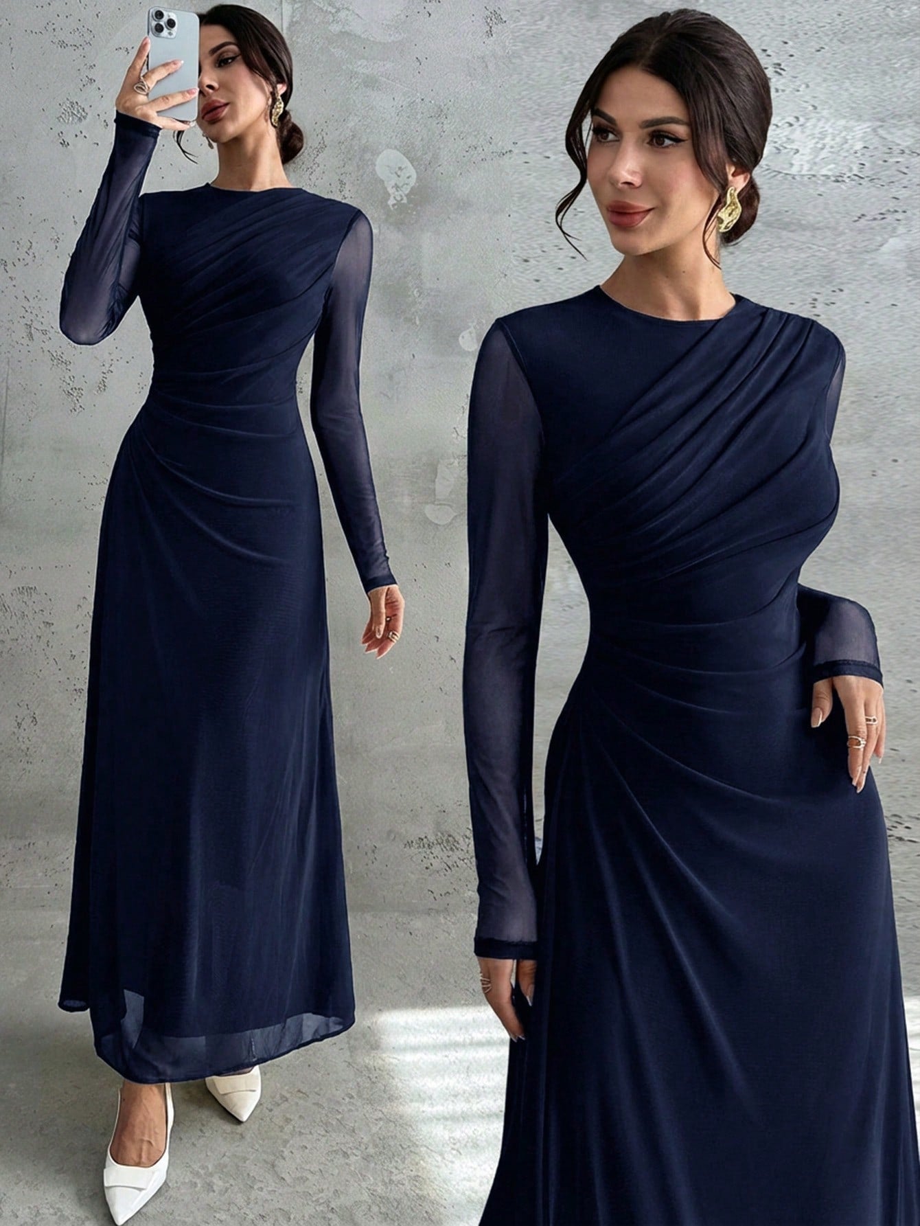 Firerie Women's Elegant Navy Blue Autumn Maxi Dress,Vintage Mesh Round Neck Long Sleeve Pleated A-Line Gown For Formal Dinner Date Wedding Party Dining Office