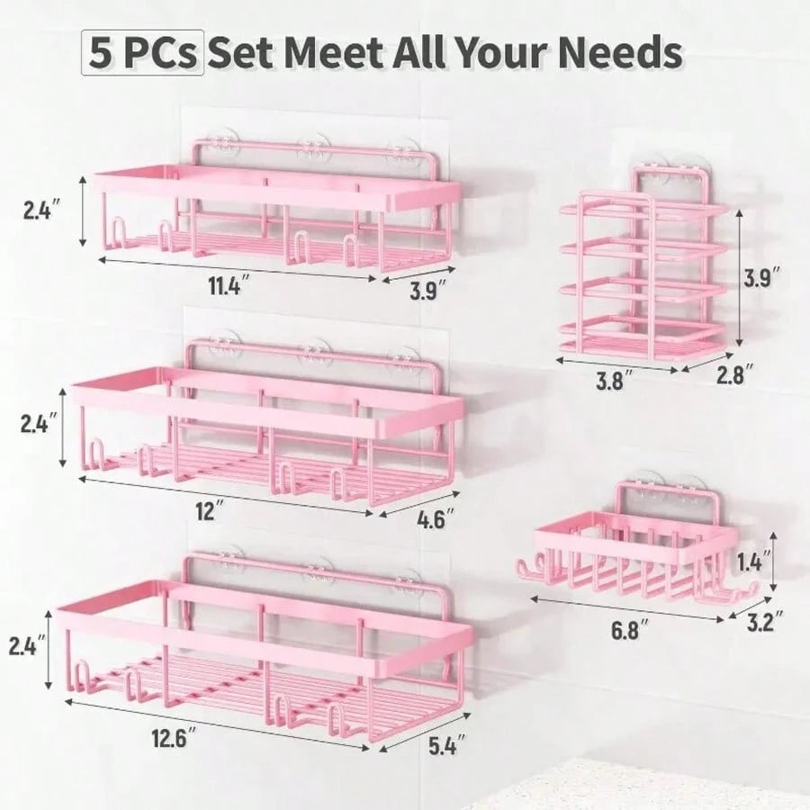 Five-Piece Bathroom And Toilet Storage Rack Set, Rust-Proof, No-Drill Shower Rack. Sturdy And Easy To Install. Suitable For Shower Rooms, Toilets, And Kitchen Organization.