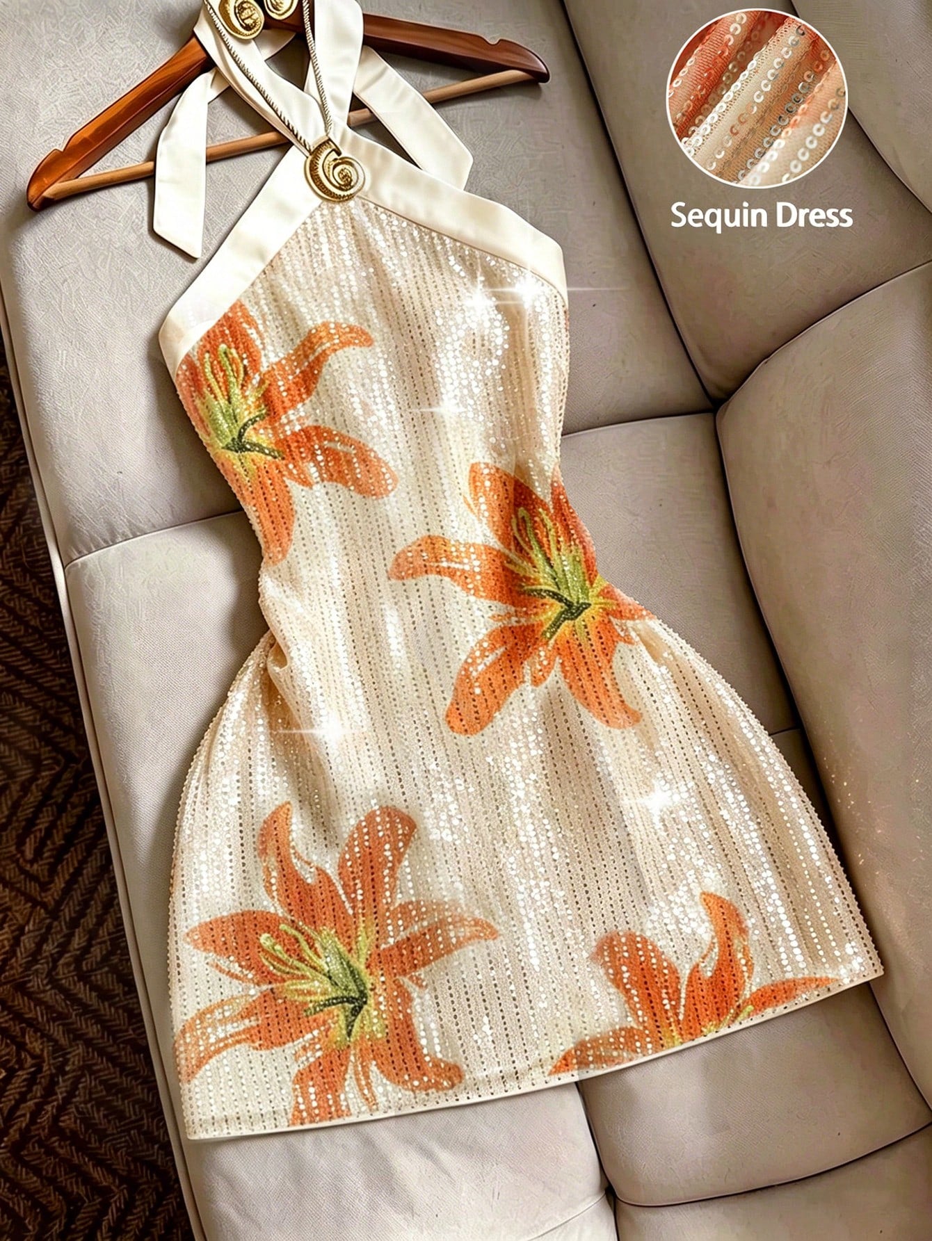 Franclia Elegant Halter Neck Beaded Short Sequin Dress,Orange And White,Summer,70s,Party Luxury Party Dress For Women,Wedding,Formal Occasions