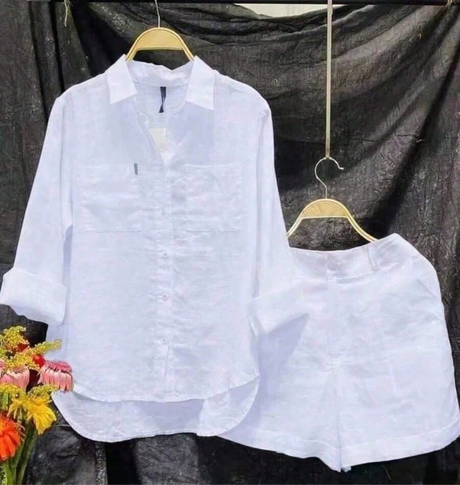 (Free Shipping)Women'S Casual White Linen Two-Piece Set: Collared Shirt And Loose Shorts, Suitable For Commuting