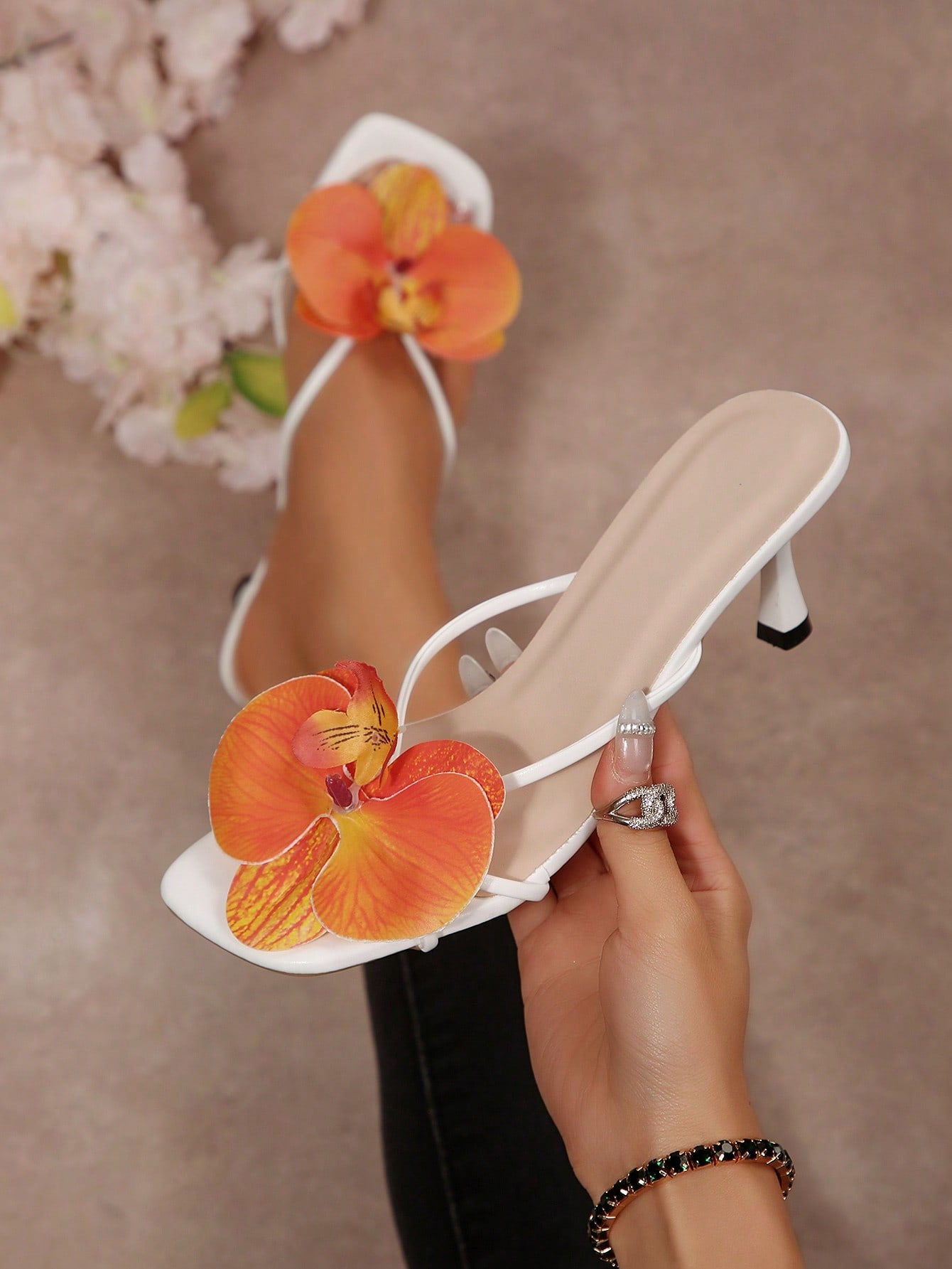 French Stiletto Heel Floral Strap Sandals, Minimalist Niche Slim Fit Summer Shoes Suitable For Dates, Shopping, Parties,Kitten Heels,Flip Flops