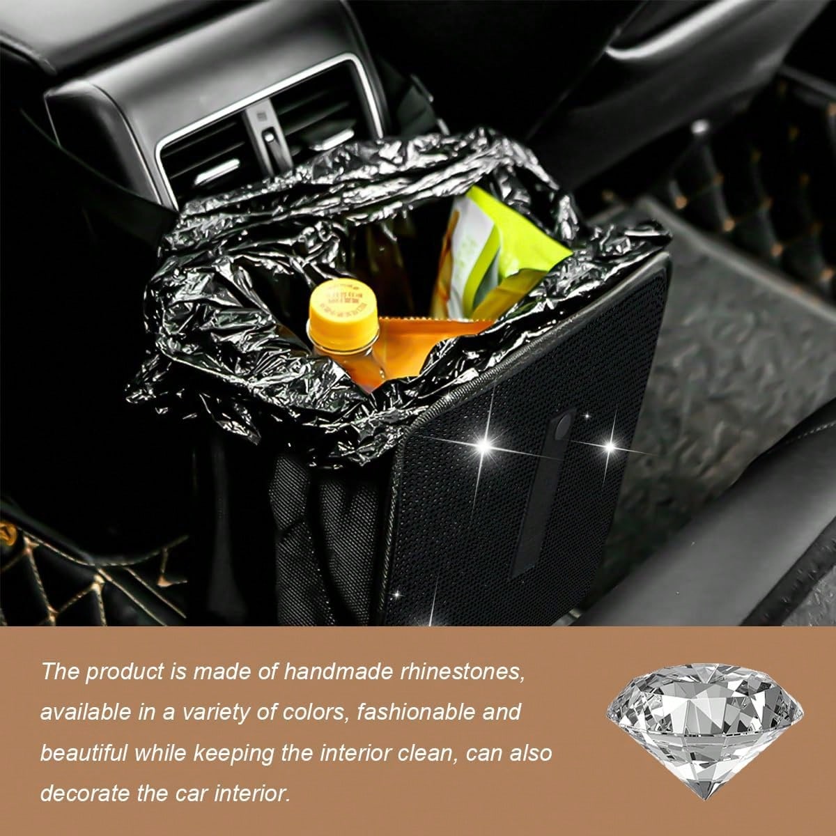 FSTURIOS Car Trash Can, Bling Rhinestone Crystal Waterproof Hanging Garbage Bag For Car Interior, Oxford Leakproof Foldable Waste Organizer Trash Bin Universal For Most Vehicles (Black)
