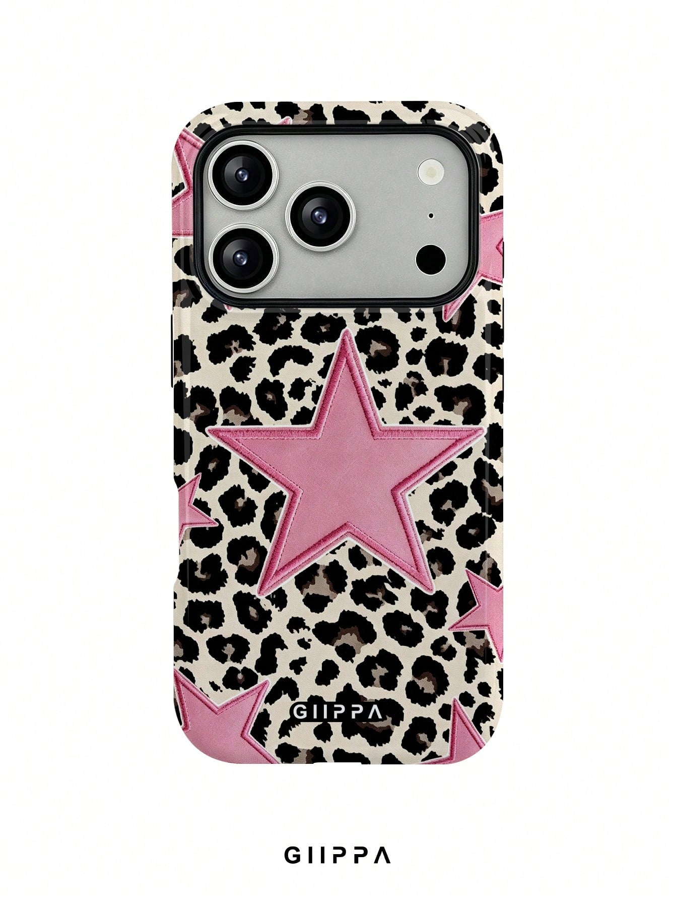 GIIPPA 1pc Leopard Print Base & Pink Pentagram Design Phone Case, Compatible With Phone 17 Pro Max, 16 Pro Max, 15 Pro Max, 14 Pro Max, 11/12/13/14/15/16 Pro Max Plus, Korean Style High-End Fashion Fu