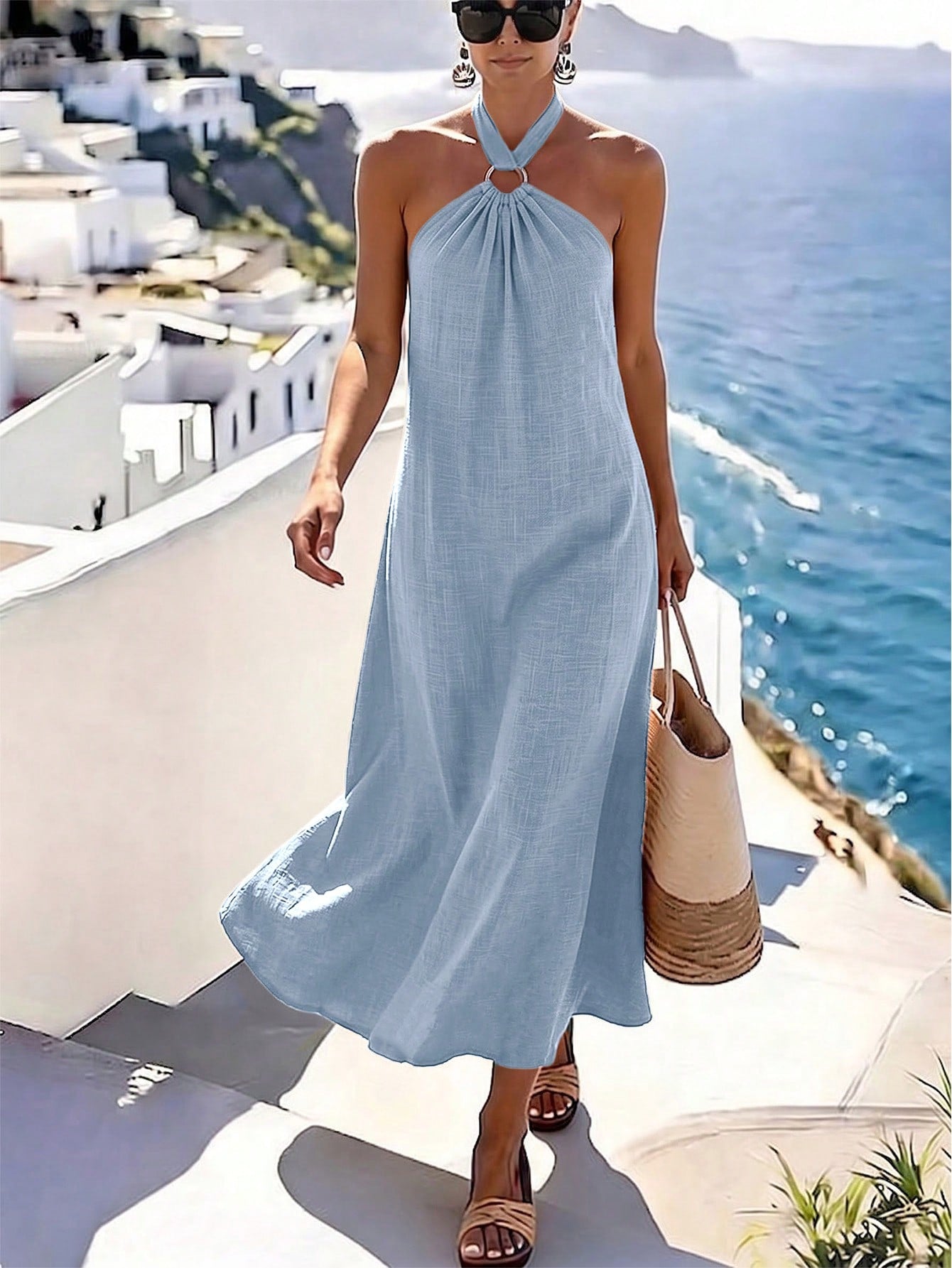 Holidaya Women's Elegant Halter Neck Beach Vacation Dress, Orange Elegant Slimming A-Line Dress, Sleeveless Full Skirt Mediterranean Vacation Style, Loose Fit, Ring Buckle Design, Gentle And Ele