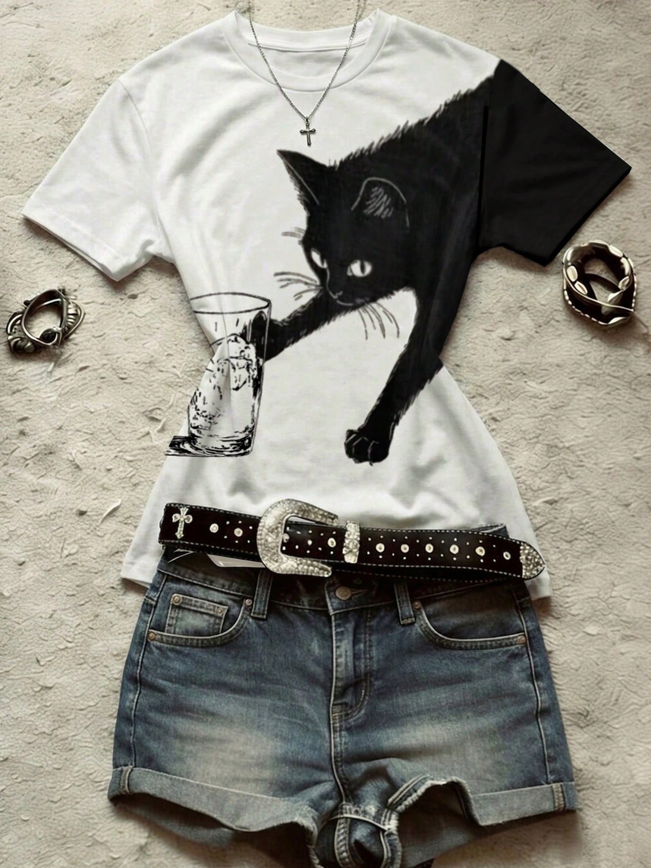 IslaSuriya Women's Round Neck Cat Print Casual Versatile Daily Wear Short Sleeve T-Shirt