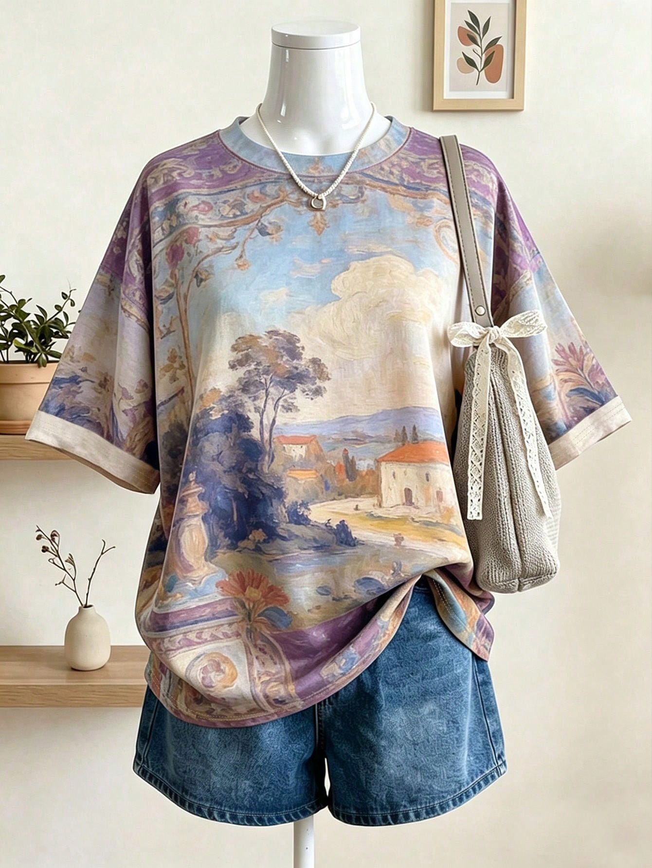 Lalippa Women's Oil Painting Style Pattern Digital Print Loose Drop Shoulder Short Sleeve T-Shirt