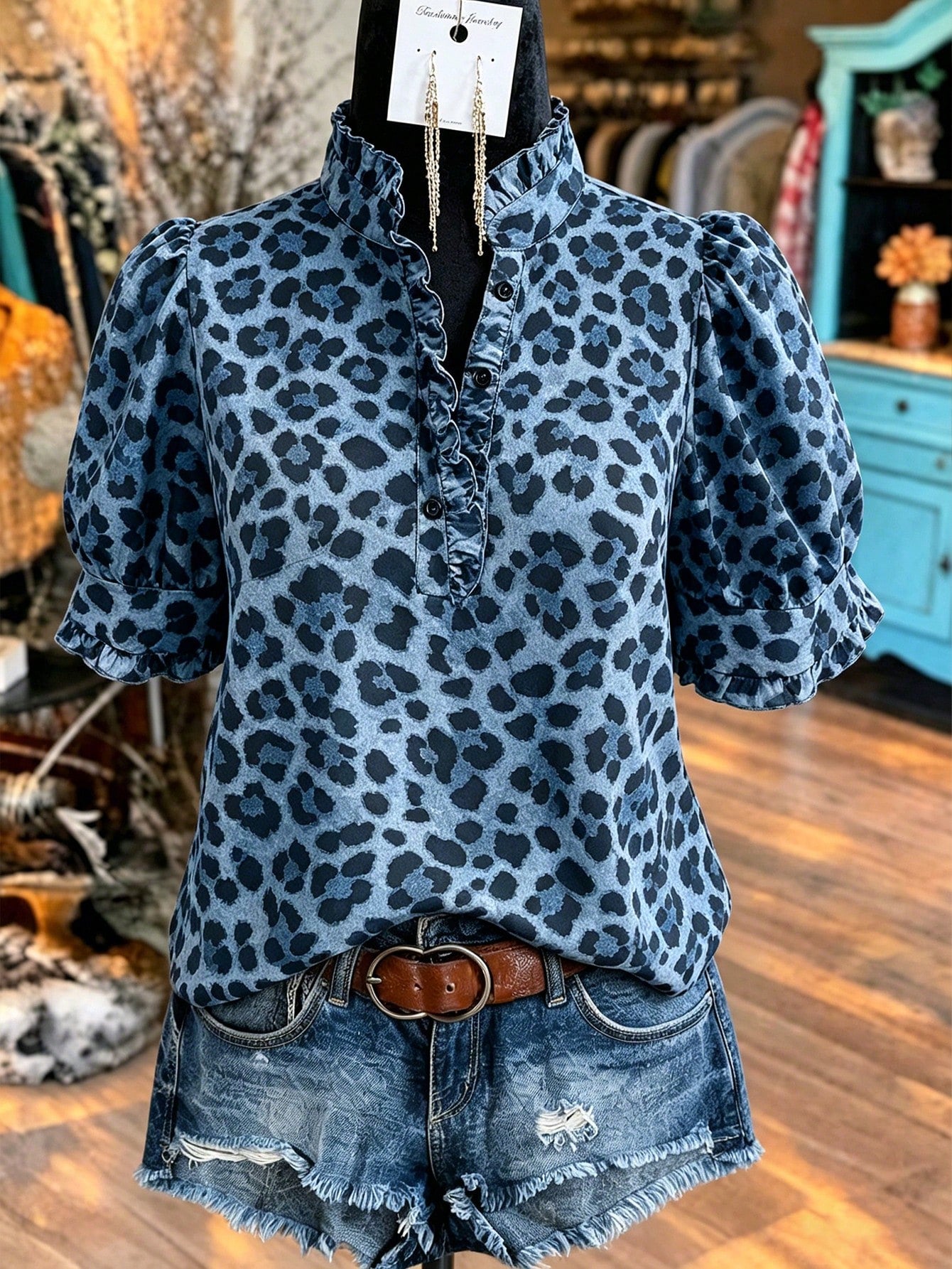 Linhara Plus Size European & American Style Leopard Print Ruffle Short Sleeve Blouse, Casual Summer Vacation Top