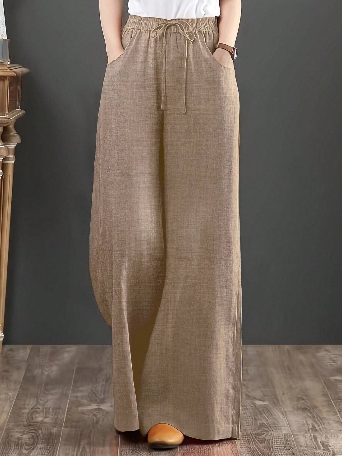 Loose Fit Women's Denim Effect Wide Leg Pants, Casual Long Pants With Drawstring Pockets, Creating Comfortable Everyday Look