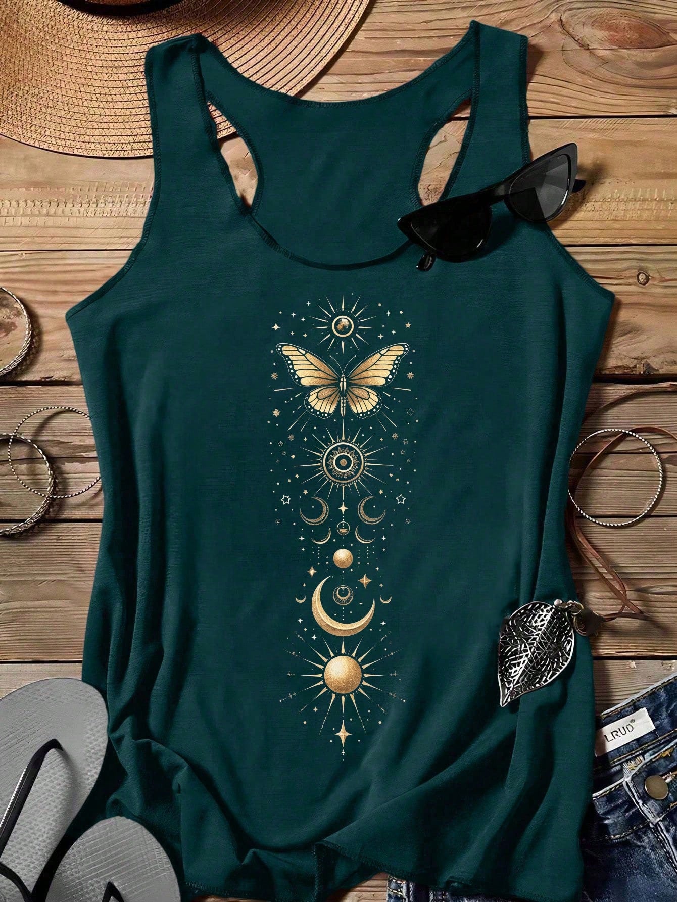 LUNE Casual Star Moon Sun Pattern Round Neck Women Tank Top, Summer Back To School,Casual