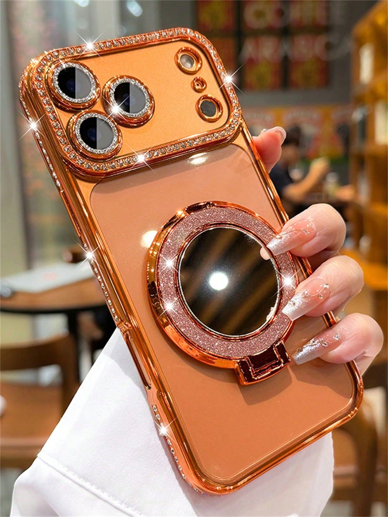 Luxury Shiny Rhinestone Lens Protect PlatingAnti-Drop Case With Shiny Glitter MakeupMirror Ring Holder Bracket Phone Case High Quality Shockproof Bumper BackCover Compatible With IPhone 17 16E 15 14 1