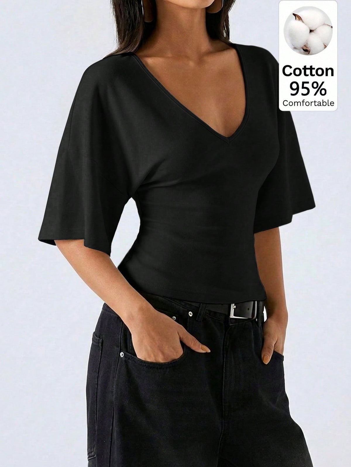 LYSMO Women's Black Summer Casual Everyday 95 Cotton Flare Sleeve Shirt, Simple Solid Color Deep V-Neck Top, Elegant Fashionable Commuting City Break