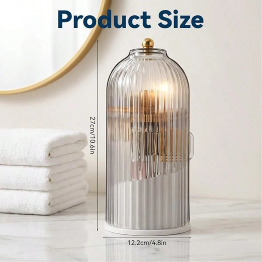 Makeup Brush Holder Organizer With Lid,360 Rotating Dustproof ABS Storage Caddy,3 Slots Sliding Lid Toothbrush Holder With Non-Slip Base,Multi-Use Space-Saving Organizer For Makeup Brushes Toothpaste