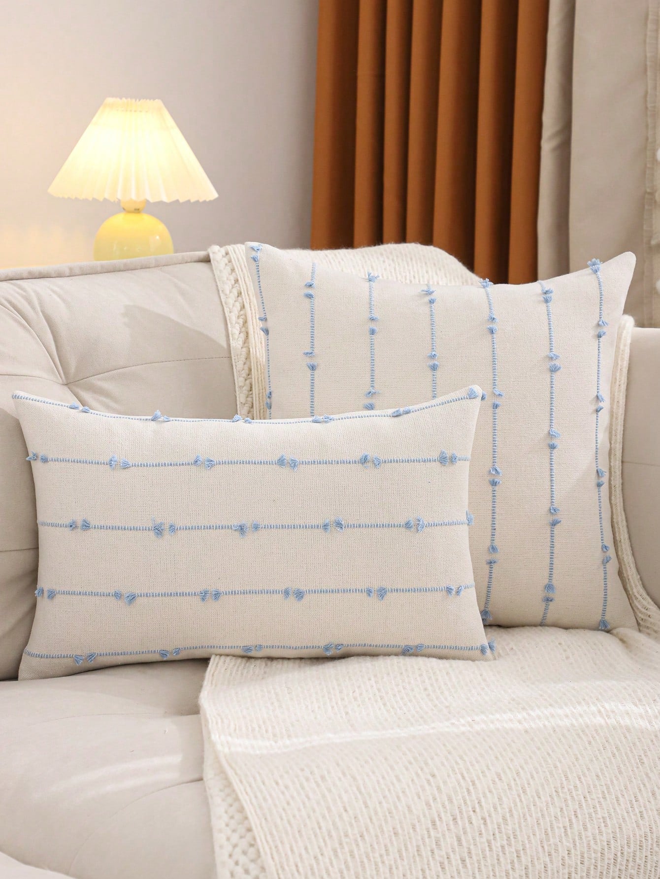 Miater Tasseled Linen Striped Jacquard Decorative Throw Pillow Case For Living Room, Bedroom, Sofa