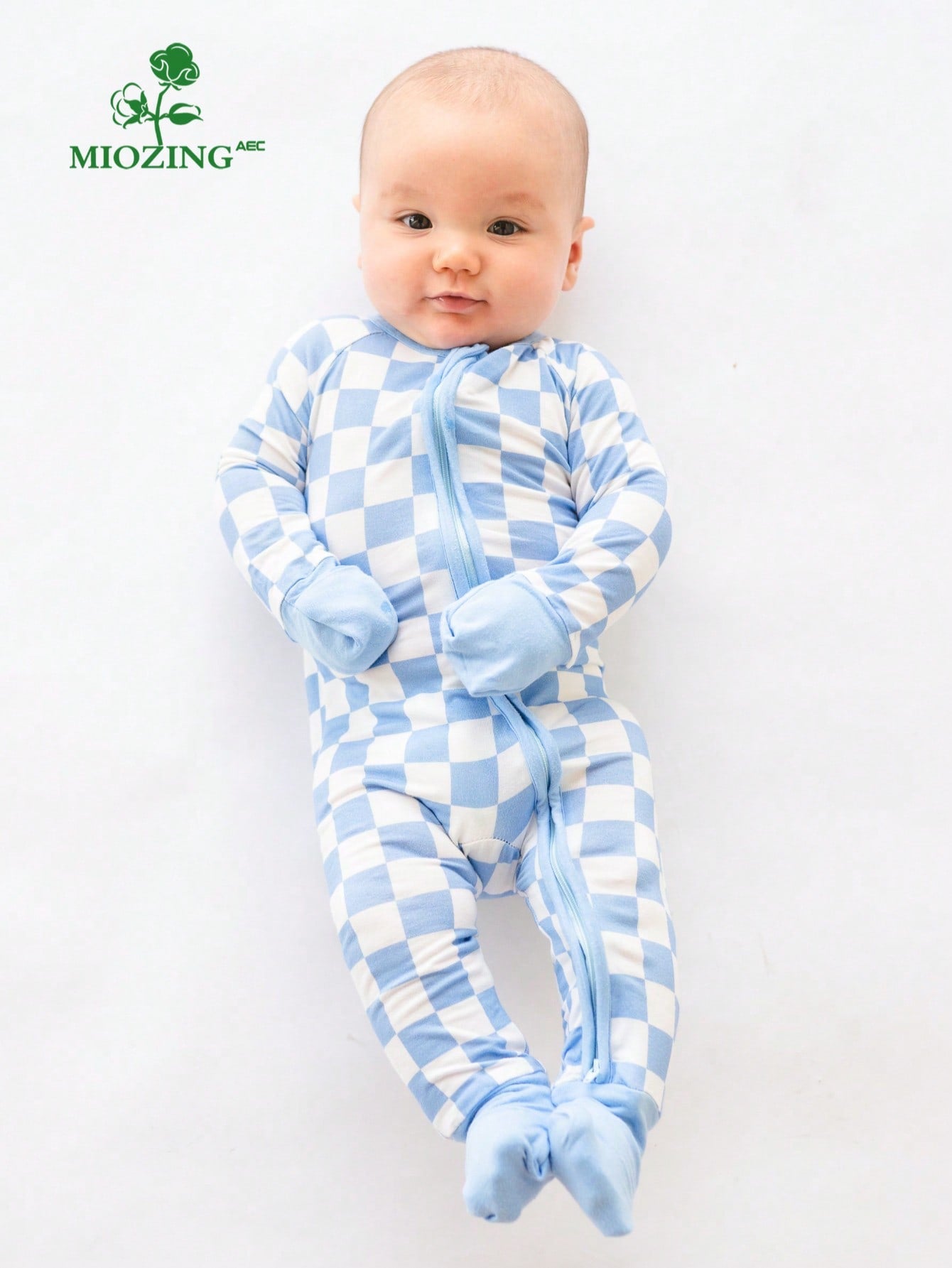 MIOZING Baby Boy Romper Long Sleeve, Checkerboard Plaid Print Bamboo Zipper Jumpsuit, Soft Breathable Blue White Outfit For Toddler