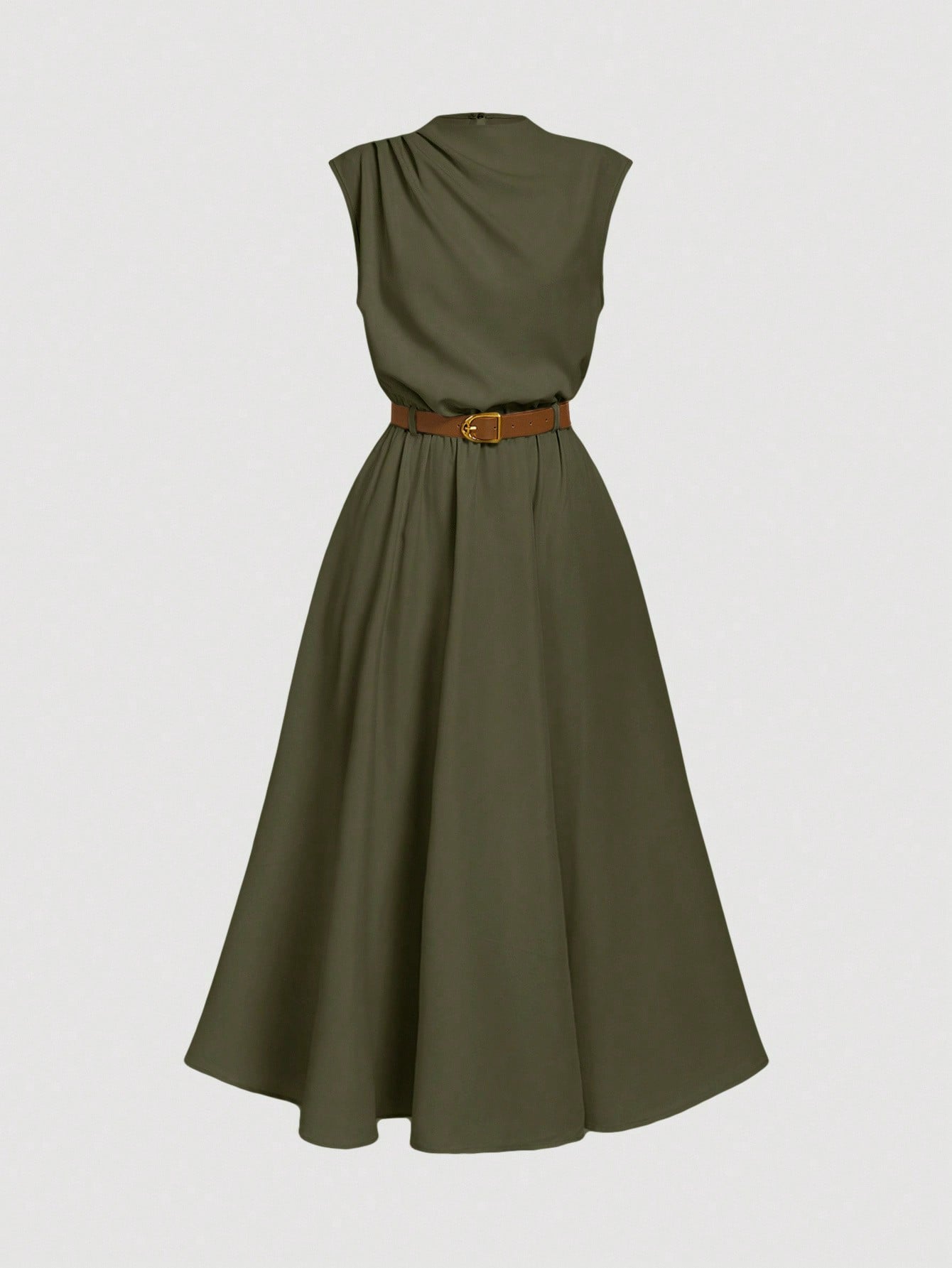 MOD Women's Solid Color Sleeveless Dress (With Belt), Back To School Season, Olive Dress