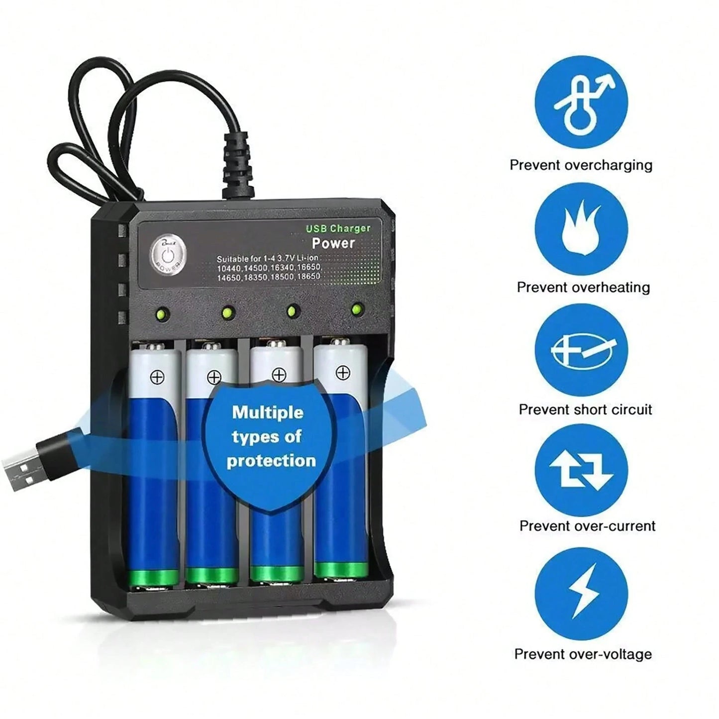 Multi-Port USB Charging Station For 3.7V Lithium-Ion Batteries- 4 Slots