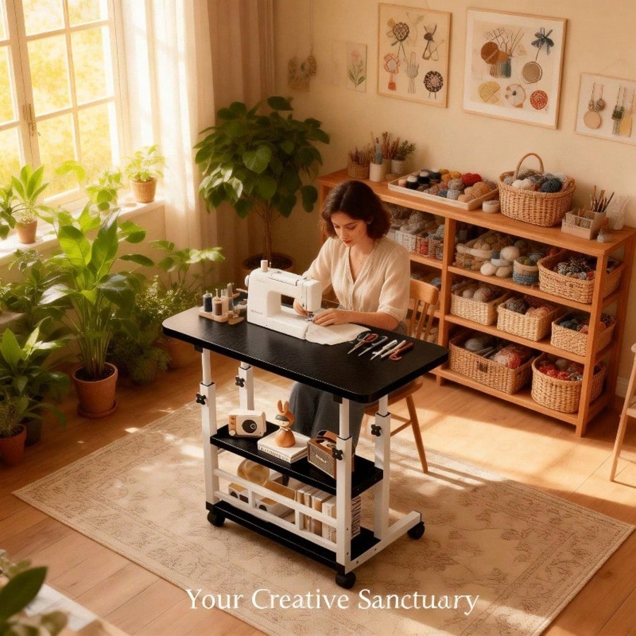 Multifunctional Height-Adjustable Mobile Craft/Storage Table- Mobile Craft Table With 4 360° Silent Casters, Available In Black/White, With Double Shelves. Perfect For Bedrooms