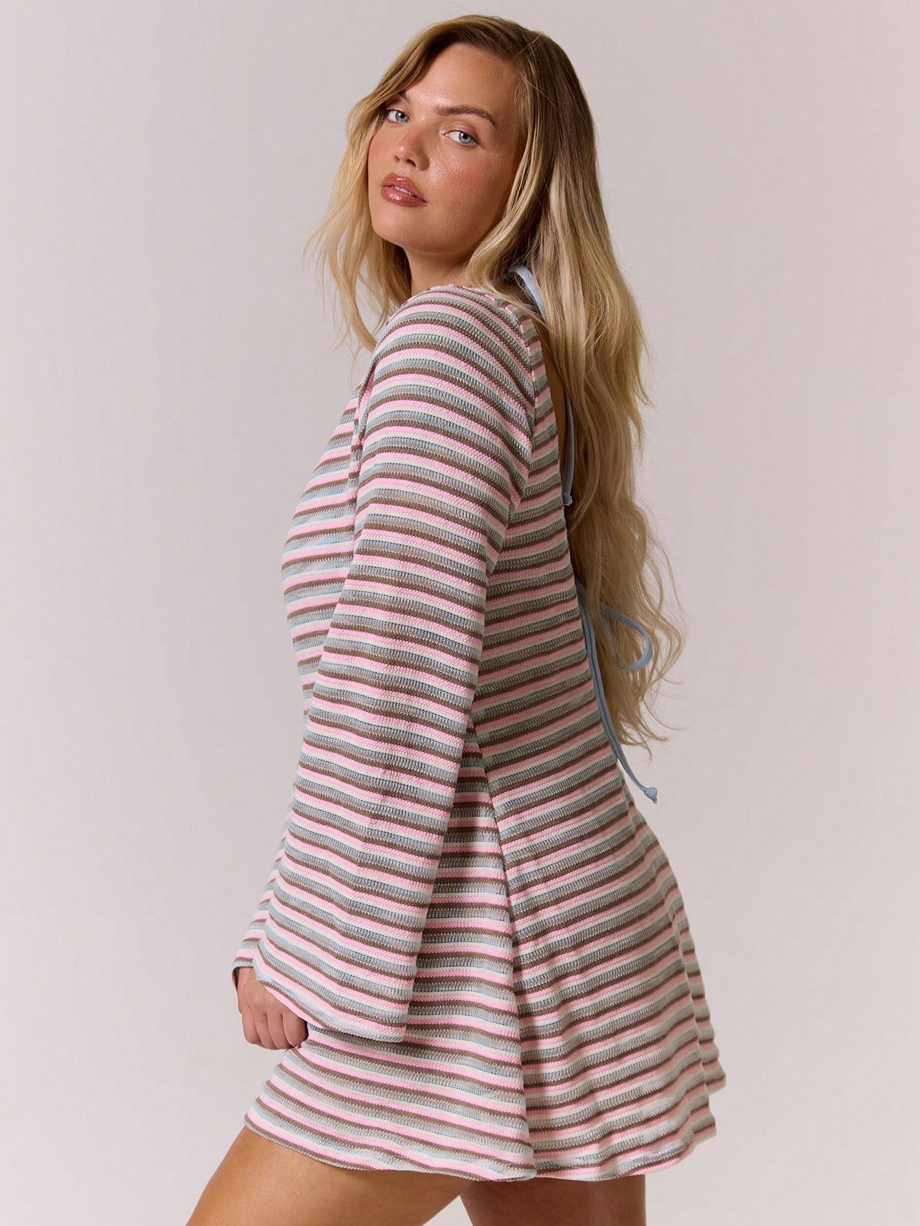 MUSERA Plus Size Striped Long Sleeve Open Back Mini Dress Cover Up Summer Swim Beach Vacation Everyday Sexy Cute Travel Bambola