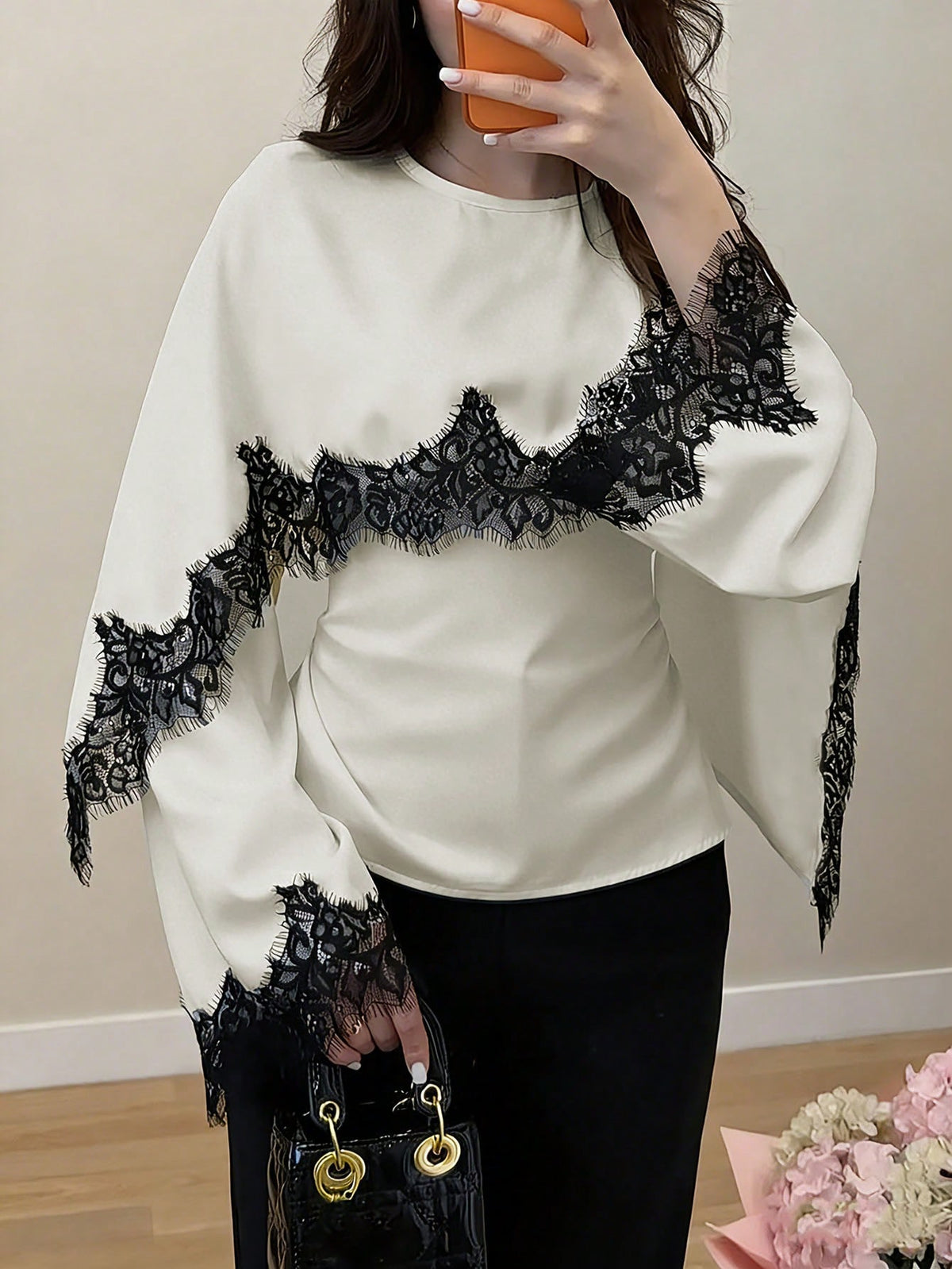 New Arrival Women's Solid Color Lace Patchwork Elegant Long Sleeve Tie Front Satin Top, Suitable For Spring/Summer Vacation