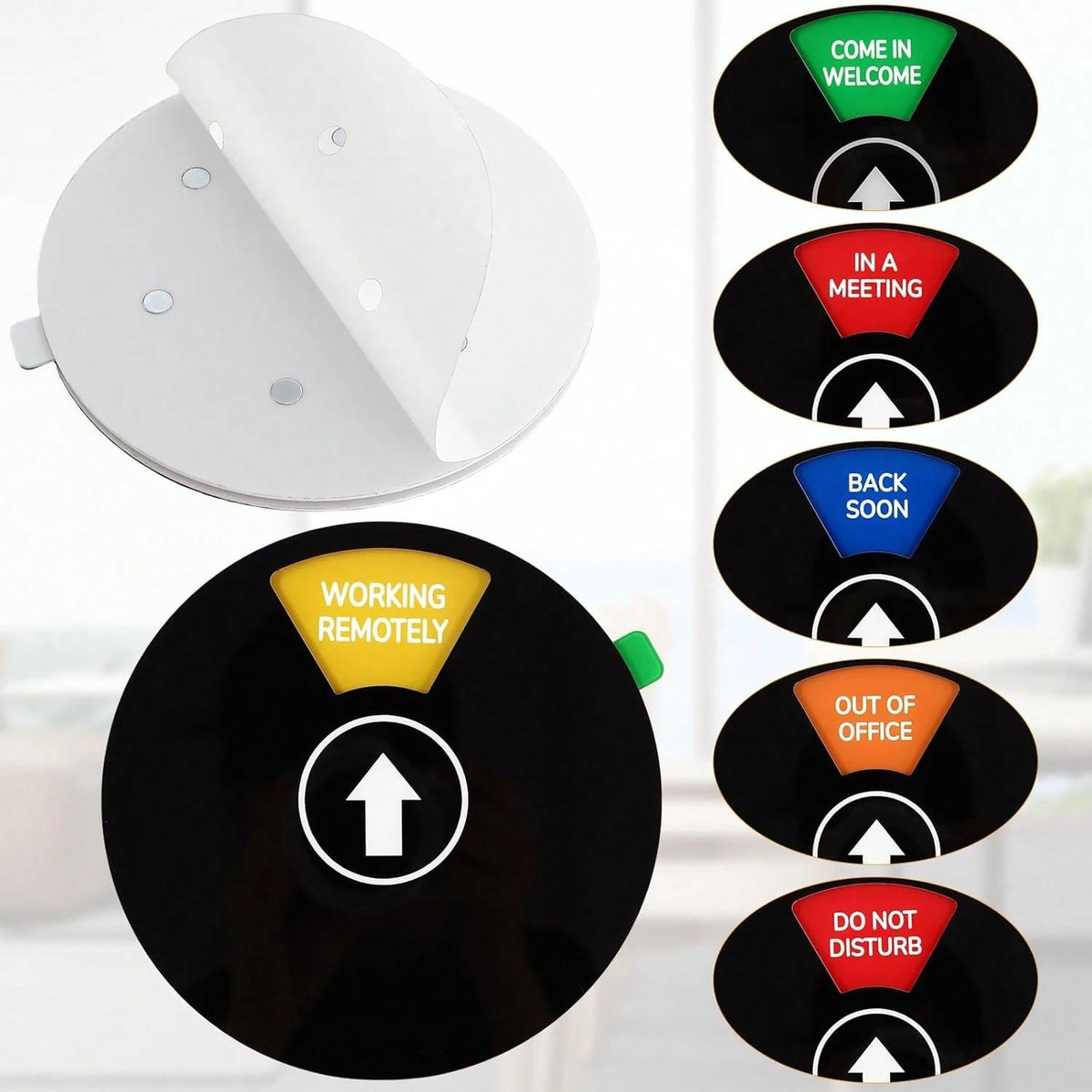 Office Door Sign, Black Rotating Status Door Sign With 6 Options- Do Not Disturb/Out Of Office/In A Meeting/Come In Welcome/Working Remotely/Back Soon, 6 Inch Round Privacy Signs (Black)