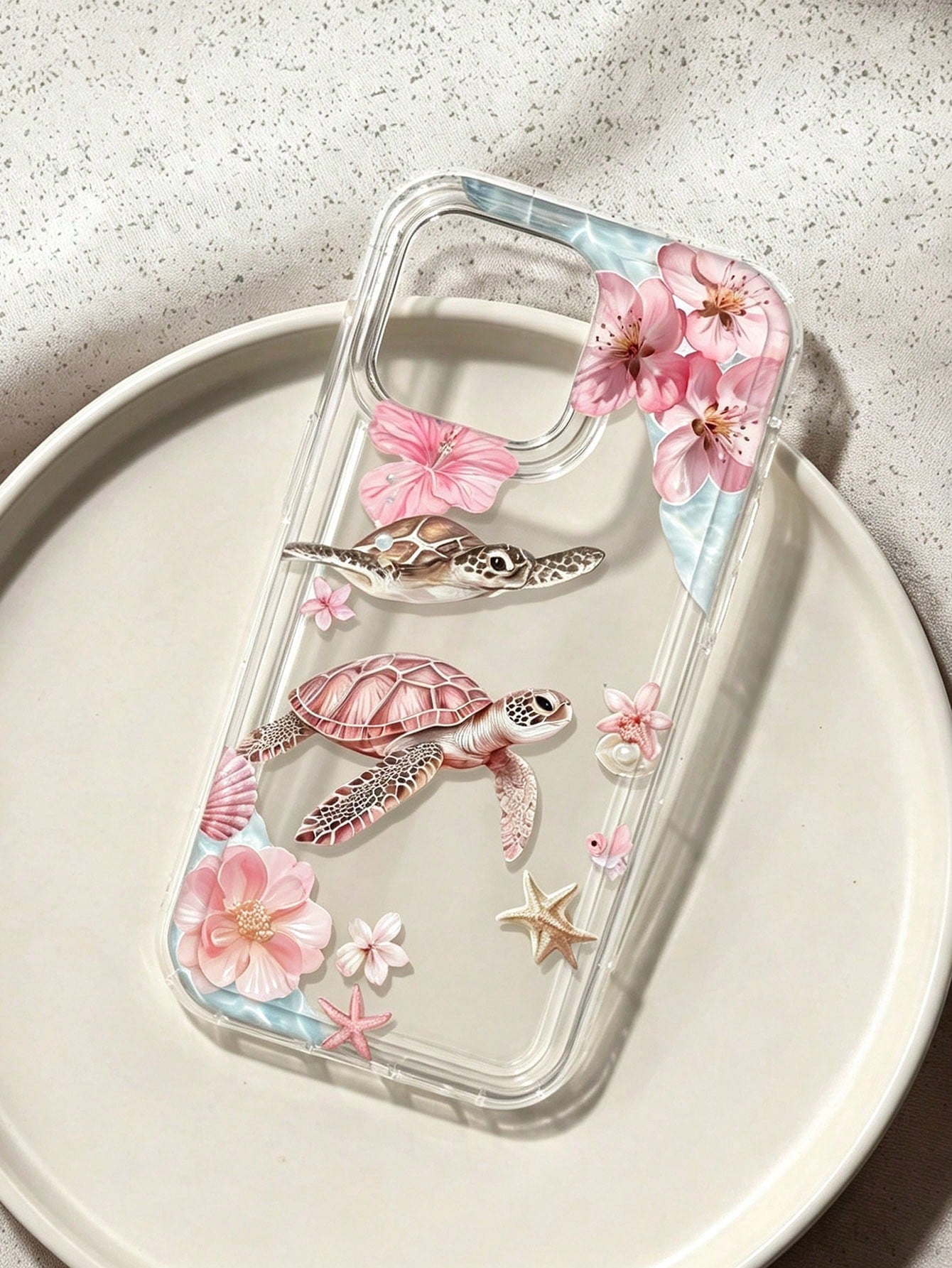 Pink Cherry Blossom Turtle Ocean Print Transparent Shockproof Phone Case, Gentle Summer Vacation Vibe, Compatible With Apple 17/17 Pro/17 Pro Max/16/16 Pro/16 Plus/16 Pro Max/15/15 Pro/15 Plus/14/14 P