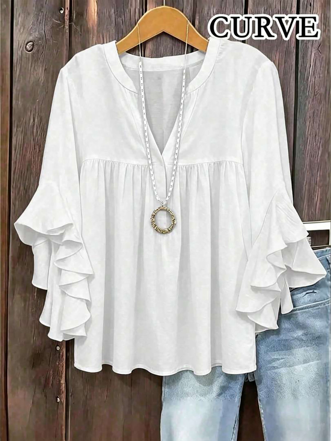 Plus Size Women's Solid Color Ruffle Sleeve V-Neck Blouse White