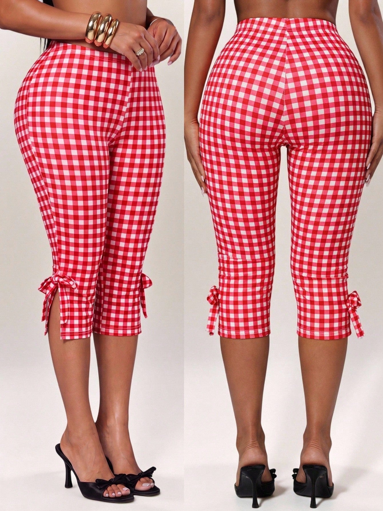 Radiana Women's Plaid Bow Fashion Casual Cute Alt Capri Pants Oktoberfest Vacation Party Red And White Plaid Summer