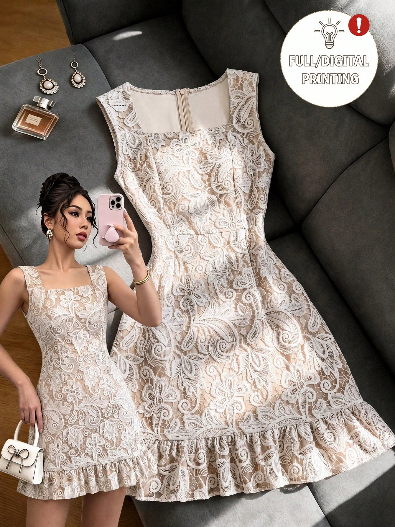 Rafferiza Lace 3D Printed Square Neck Elegant Dress, Comfortable Slimming Fit For Daily Commute And Work, 2026 Summer New Women's Sleeveless Party And Gathering Dress, White Lace Sleeveless Waist-Defi