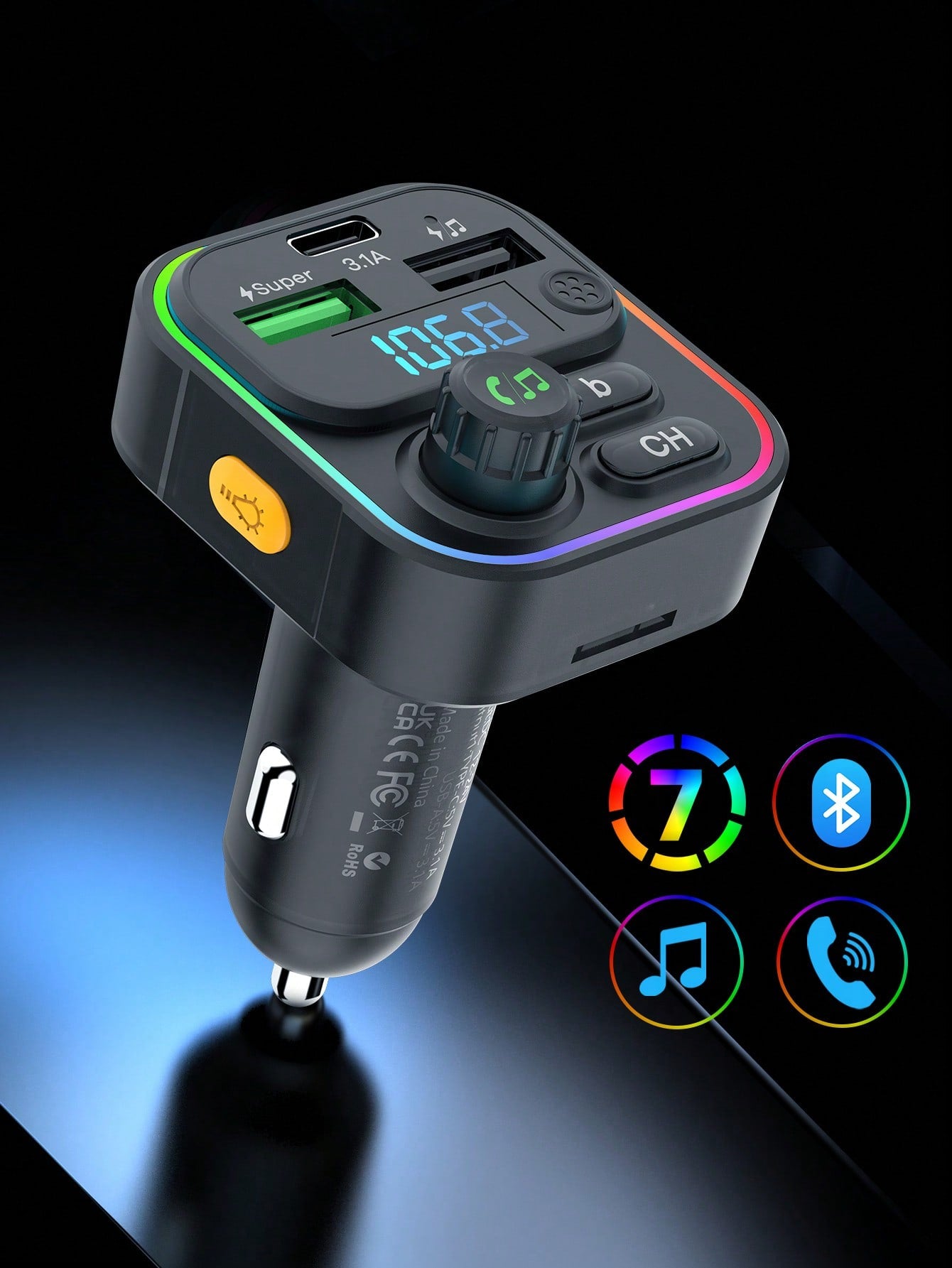 REMAX Bluetooth 5.3 FM Transmitter Car Charger With RGB Lights, 3-Port 22.5W Fast Charging, USB-C & Dual USB-A Ports, Hands-Free Calls, Music Playback & Auto Reconnect, Type-C Charger, IPhone Charger