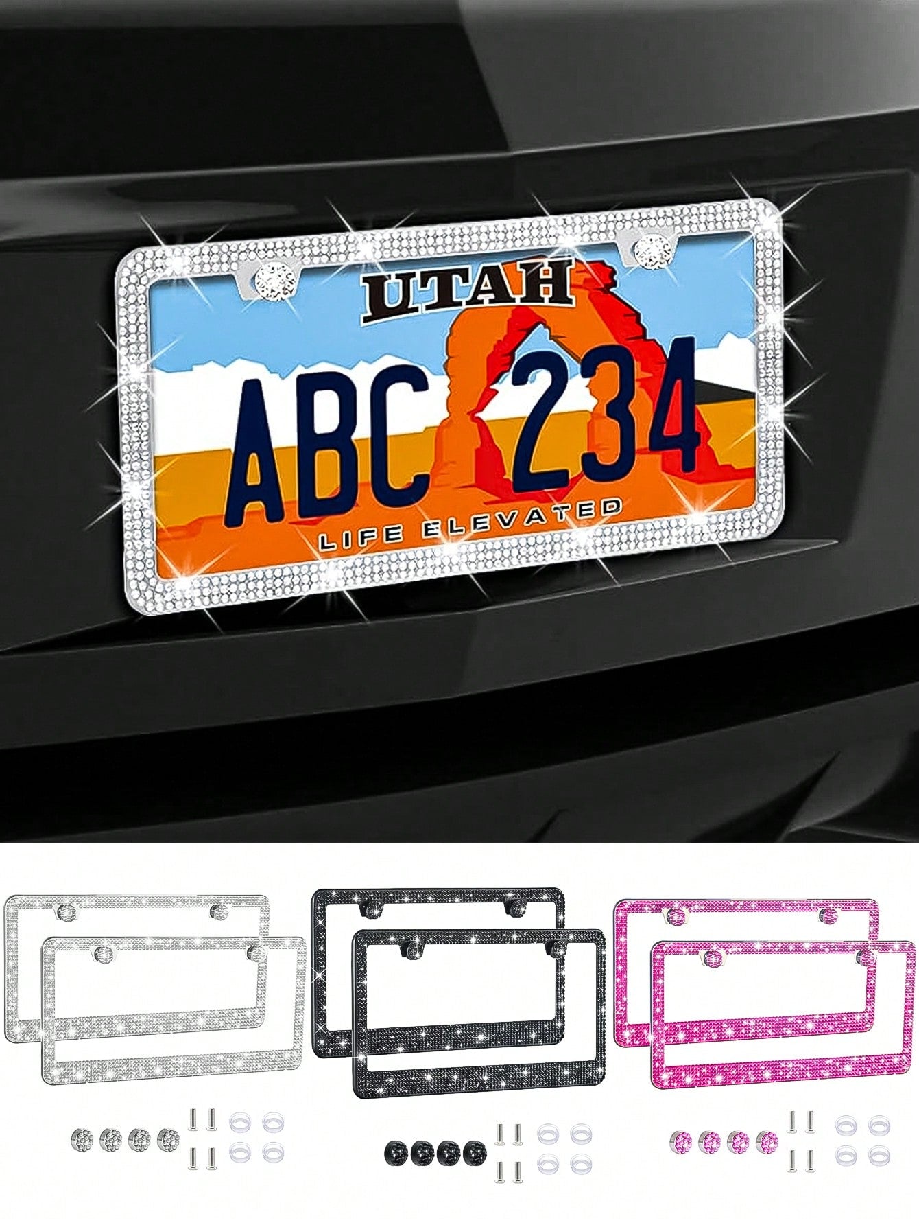 Rhinestone Bling License Plate Frames Rhinestone Sparkle Universal Car Plate Frame Glitter Diamond Crystals,Rhinestone Handcrafted Crystal Premium Stainless Steel, Slim License Plate For Women & Men