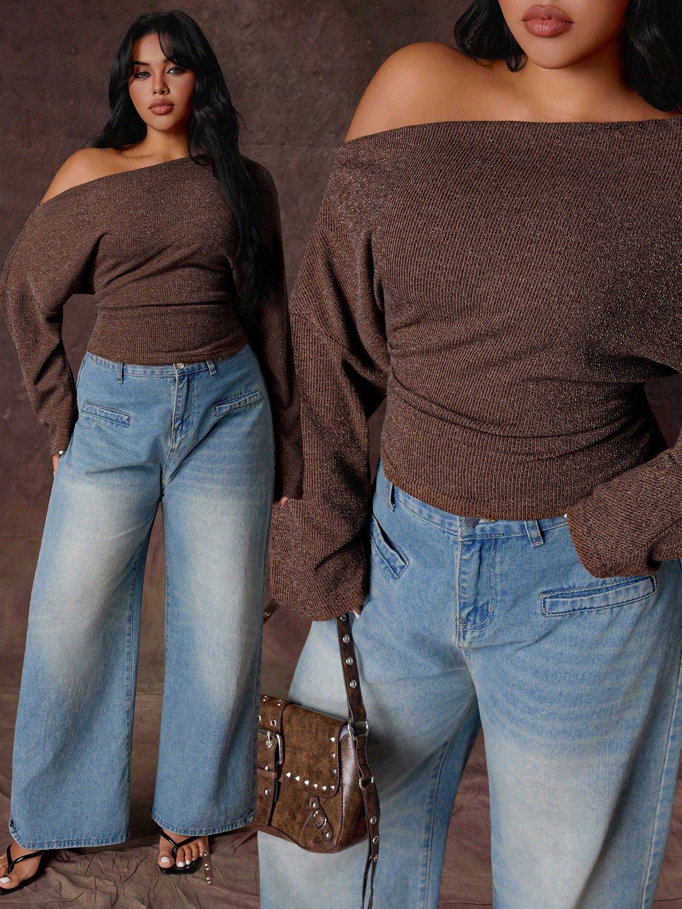 Rustia Plus Size Women's Brown Vintage Romantic Textured Ribbed Fabric Asymmetrical Neckline Long Sleeve Cropped Side Ruched Fitted T-Shirt, Fashionable Versatile Suitable For Daily Wear, Back To Scho