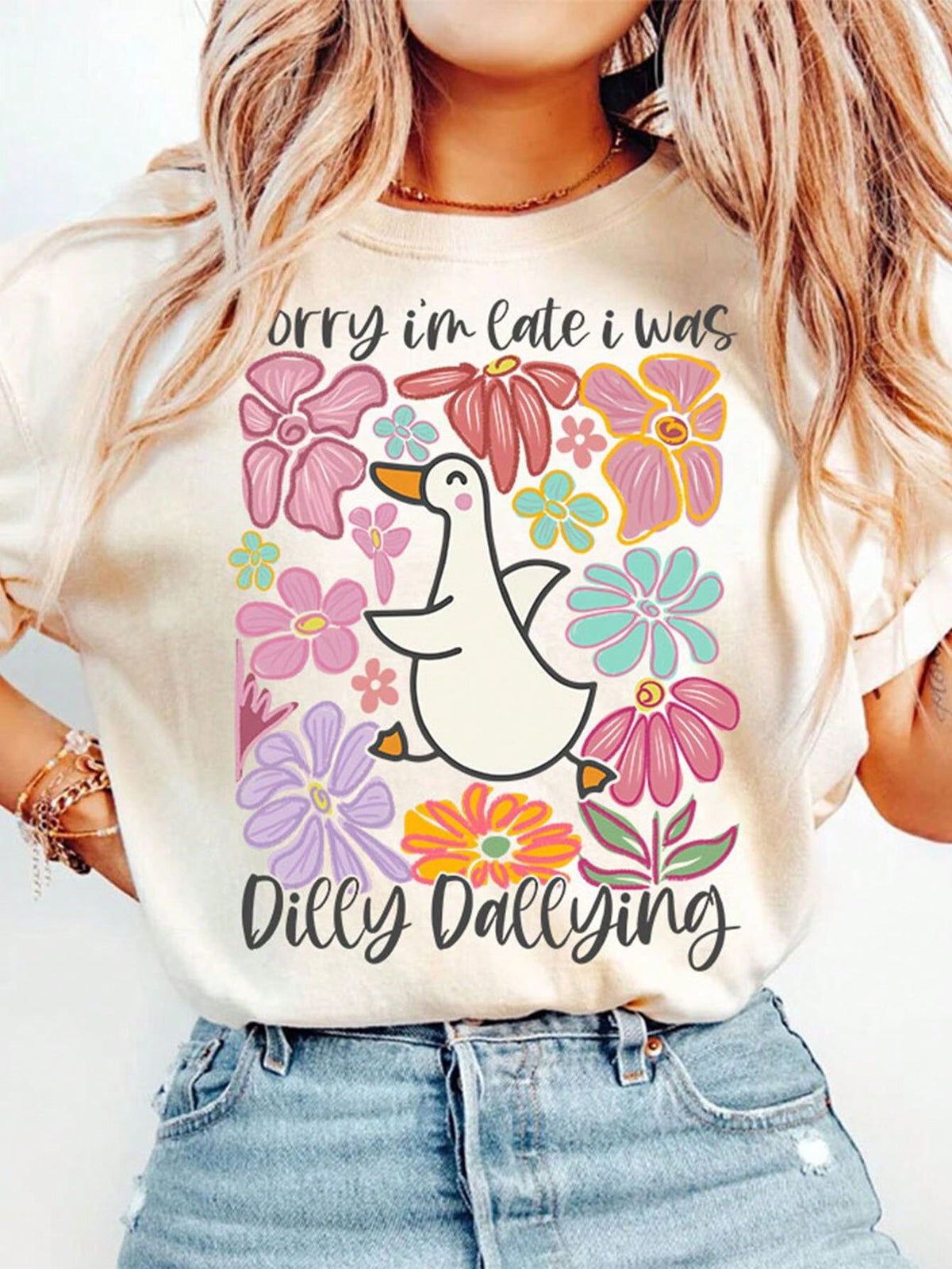 Sorry I'm Late I Was Dilly Dallying Goose Boho Floral DIY Iron-On Heat Transfer Sticker Decal Patch, Suitable For T-Shirts, Sweatshirts, Pillowcases, Fabric, Canvas Bags And Clothing Decoration, Holid