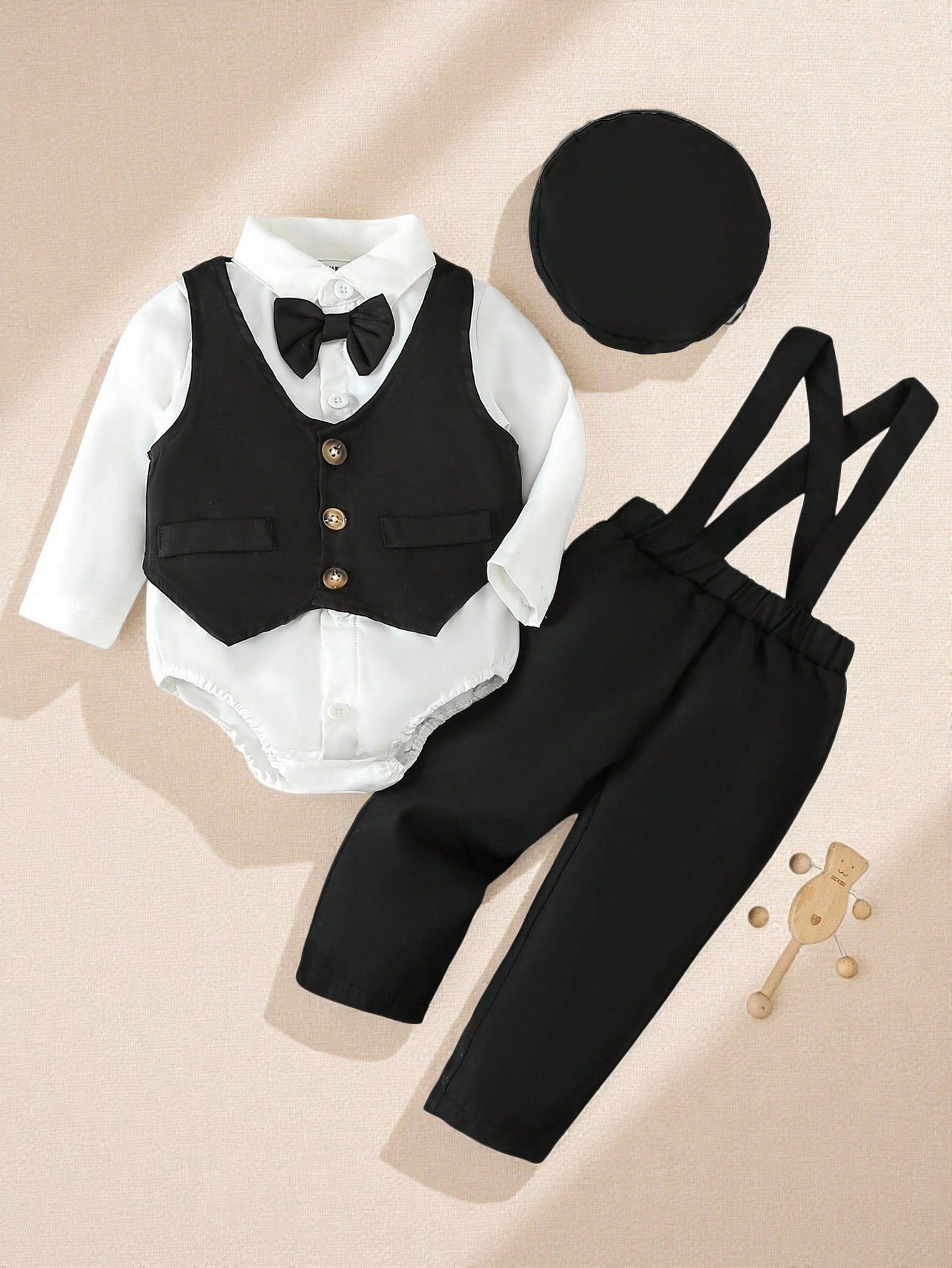 Souflis Souflis Multiple Pieces Baby Boy's Gentleman Style Elegant Classy Buttoned Shirt With Bowtie Suspender Long Pants Four Piece Suit Summer Wedding White Black