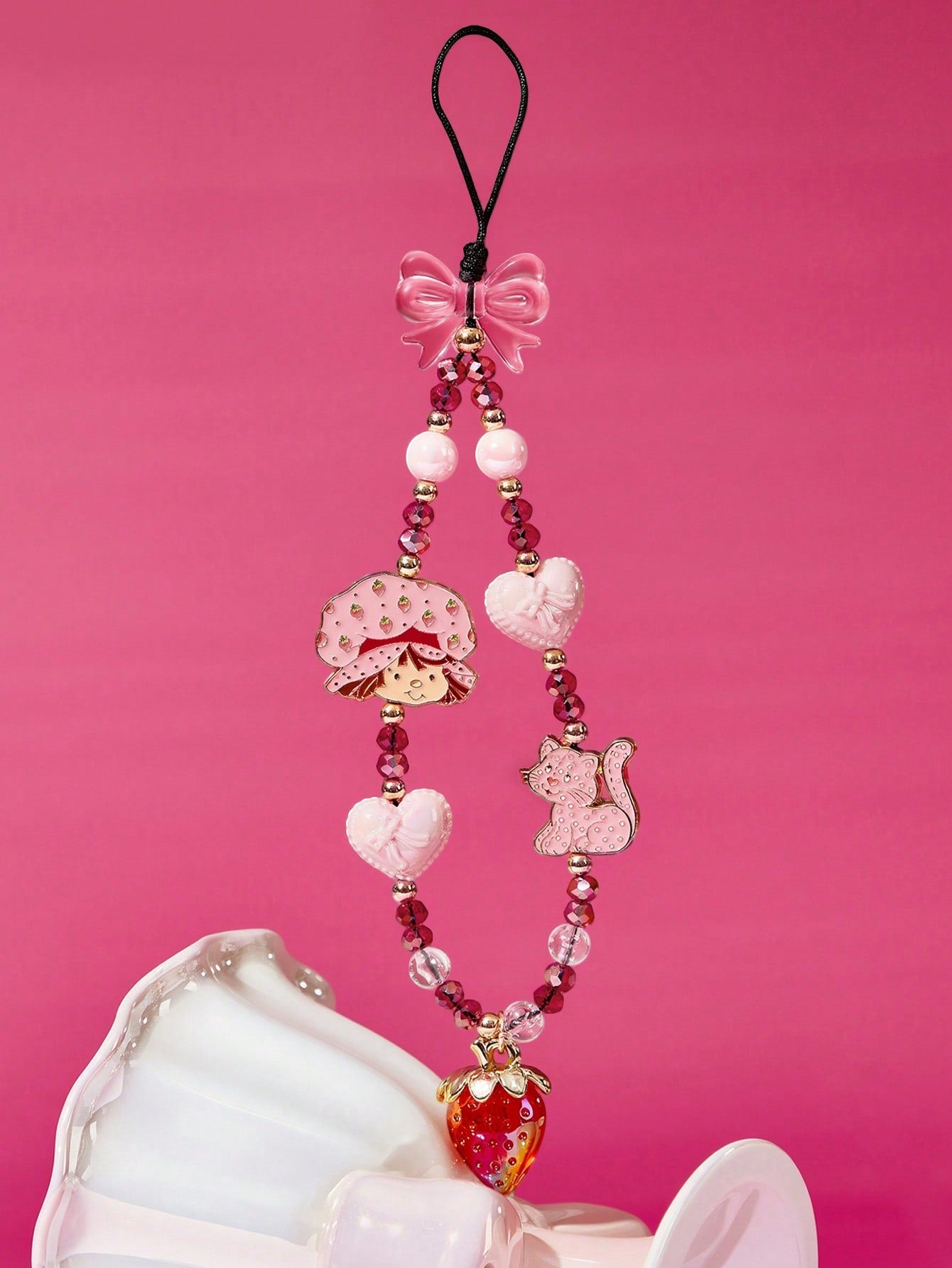 Strawberry Shortcake X Stylish And Cute Cartoon Zinc Alloy Red Imitation Crystal Handmade Beaded Mobile Phone Chain Strawberry Mobile Phone Lanyard Bow Mobile Phone Pendant
