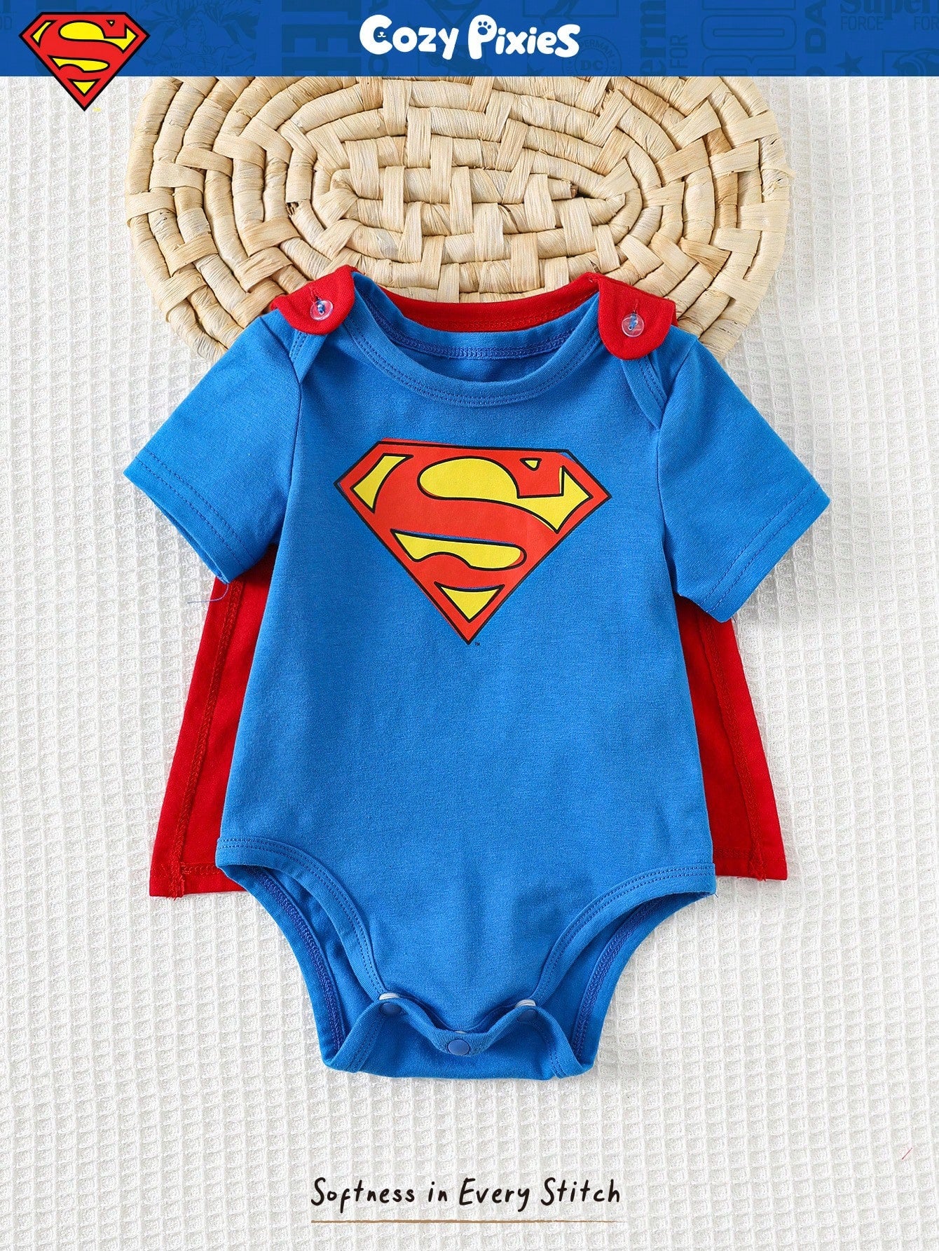SUPERMAN X Cozy Pixies Newborn Baby Boy Graphic Round Neck Short Sleeve Bodysuit&Solid Color Cape 2pcs Set Superhero Cartoon Clothes Character