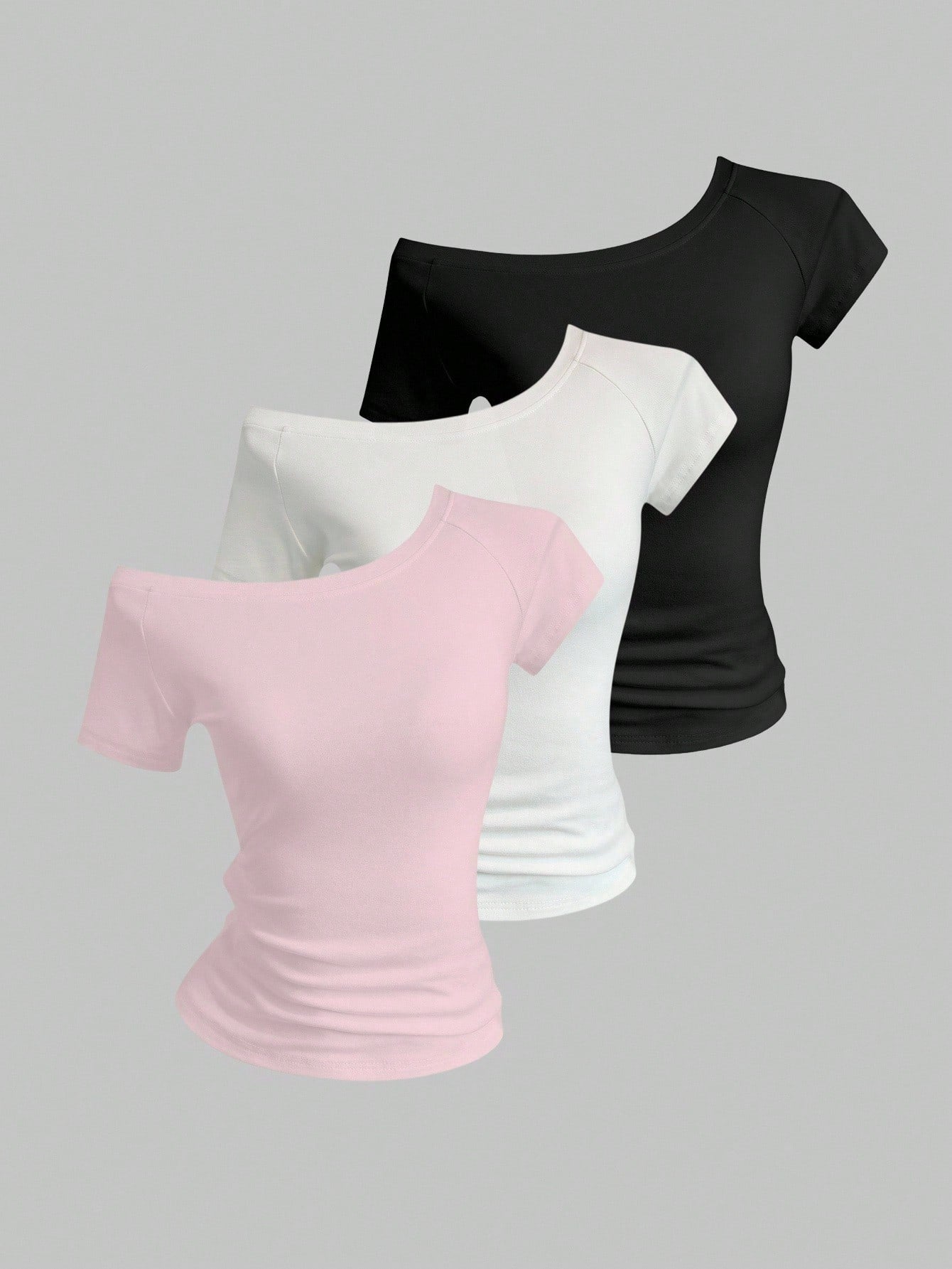 Sweetra 3pcs Women's Summer Asymmetric Neck Fitted T-Shirts, Basic Asymmetric Neck Tops In Black, White, Pink