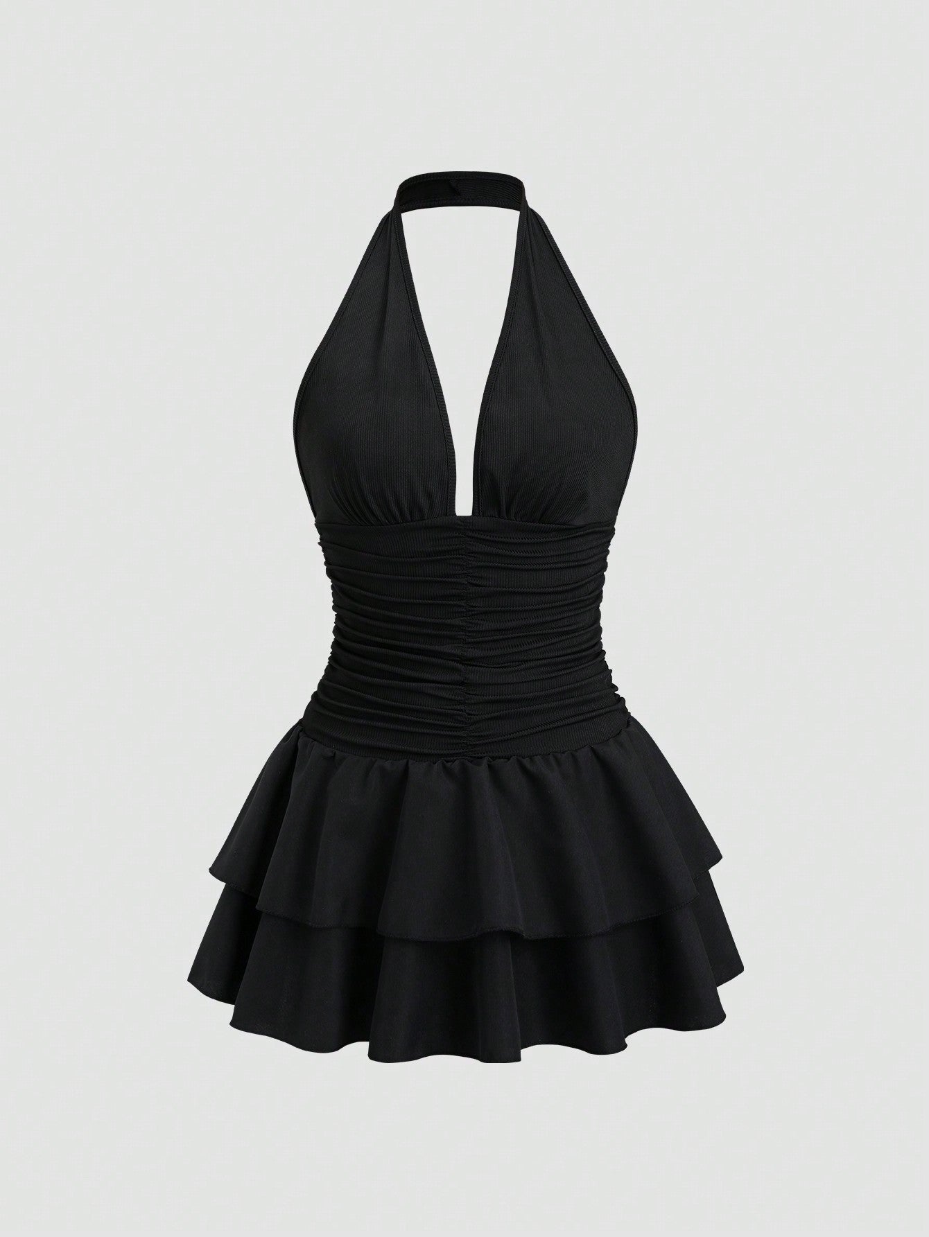 Sweetra Women's Black Summer 70s Club Party Knit & Woven Patchwork V-Neck Ruffle Backless Mini Dress With Ruched Waist,Elegant Casual Vacation Dress