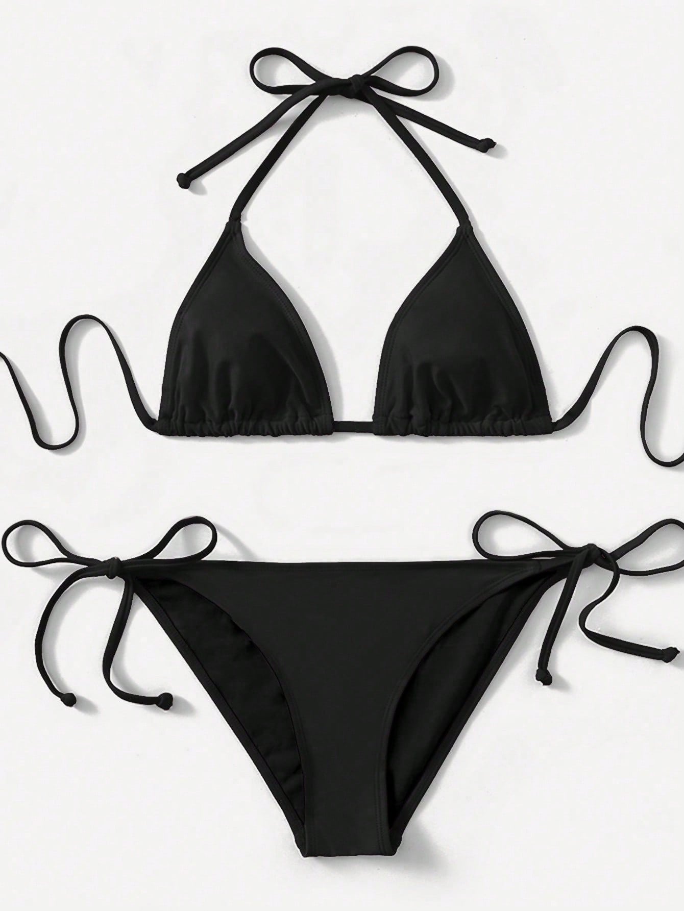 Swim Lushoire 2pcs 2025 Solid Color Halter Top & Tie Back Bottom Bikini Set, For Summer Beach Vacation