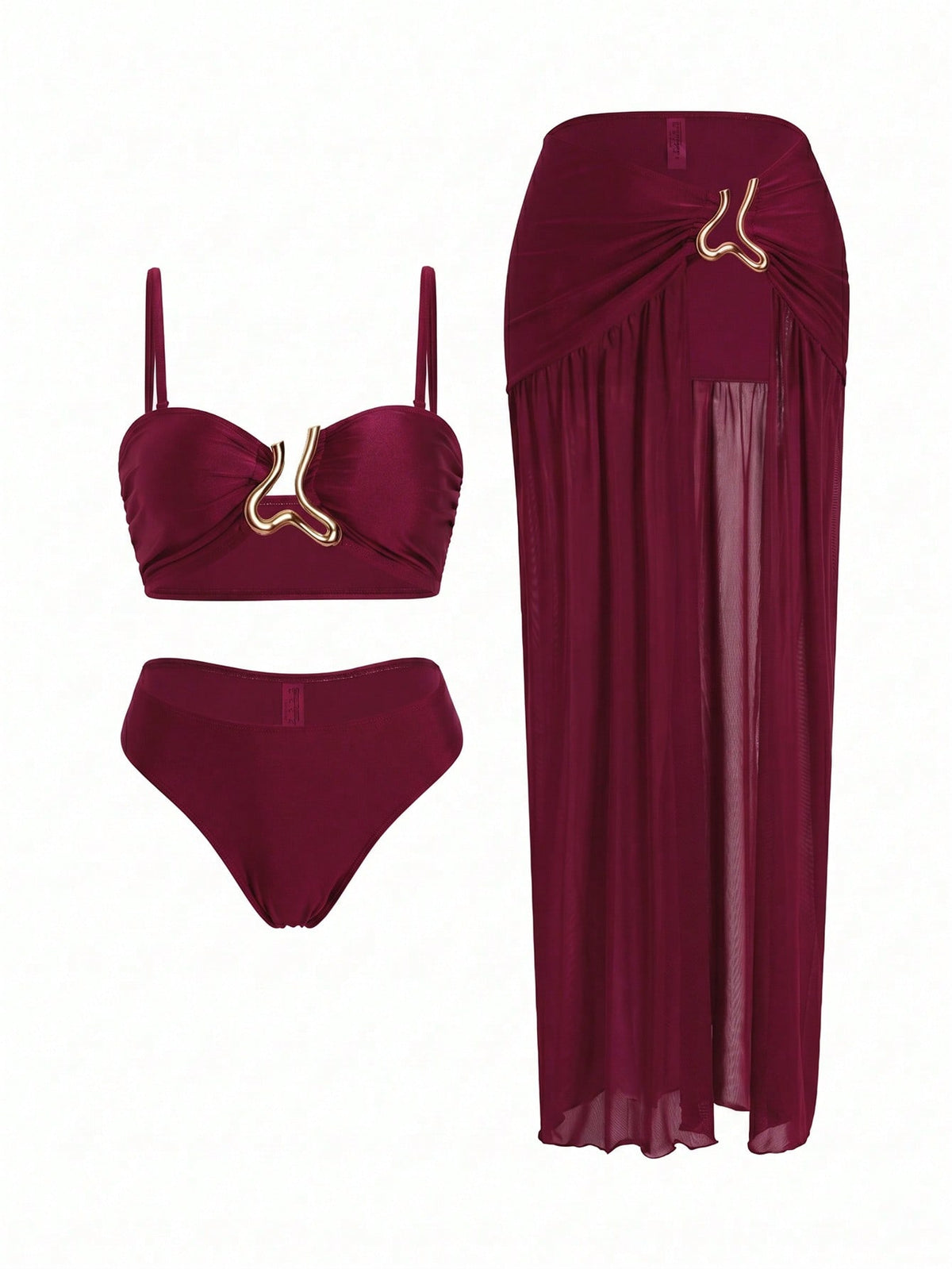 Swim Oasis 3pcs Women's Bikini Set,Burgundy Summer Cute Beach Party Holiday,Retro Adjustable Strap Bandeau Top,Ruched Waist Long Skirt With Metal Decor,Holiday