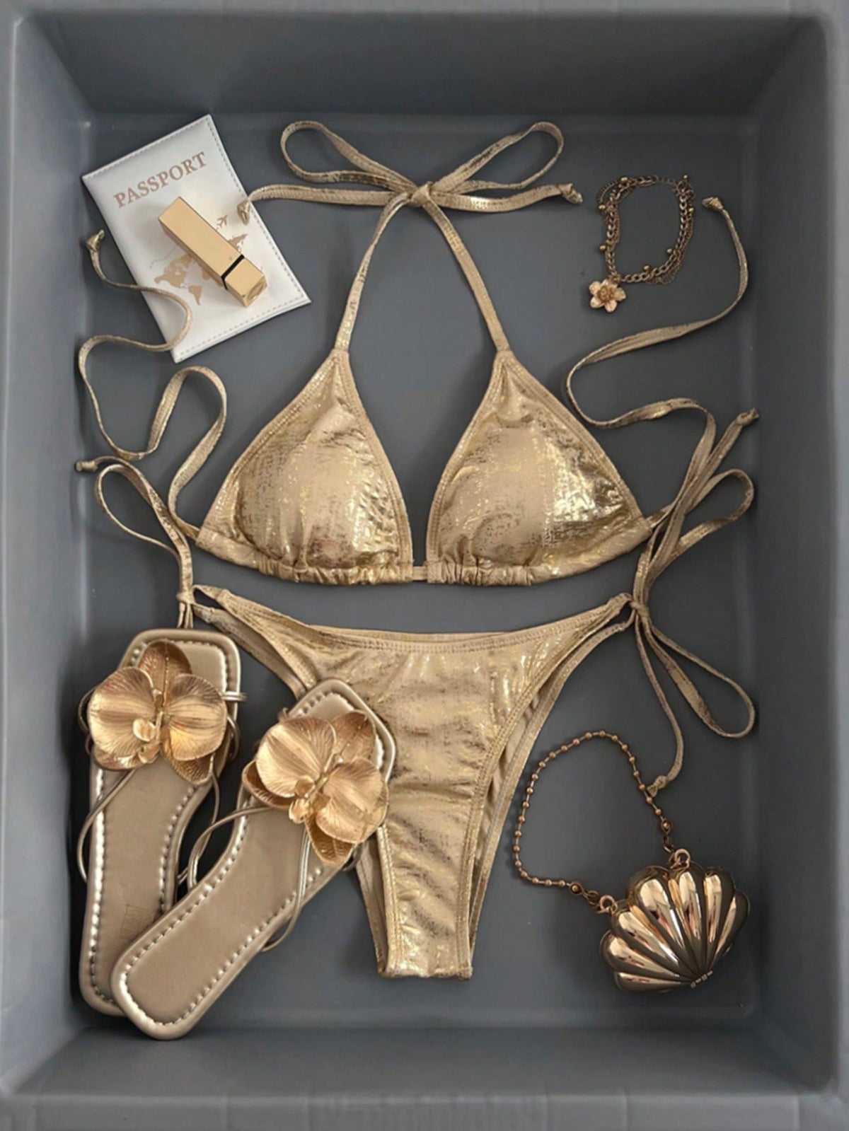Swim Women's Beach Swimwear Set With Metallic Decor For Summer Beach Vacation