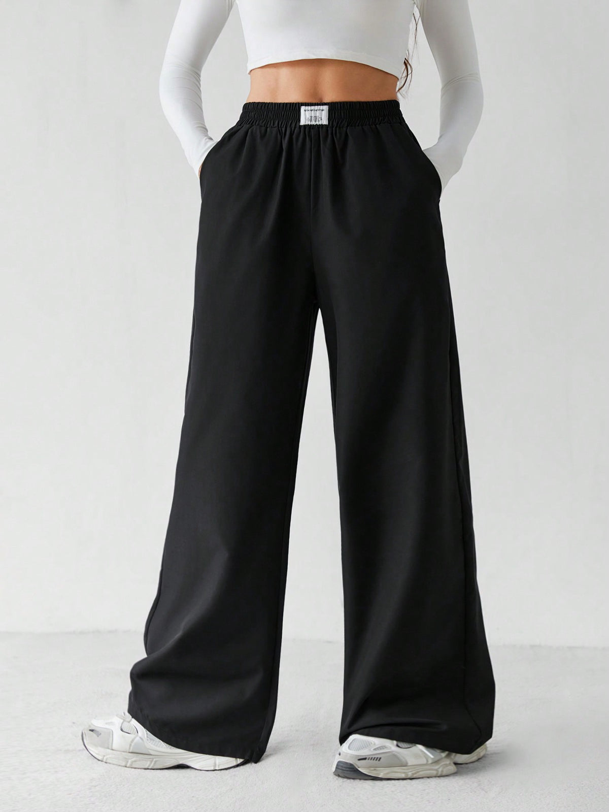 Tall Basic Loose Casual Vacation Trousers Plain Black Straight Trousers, Tall Women Lounge Summer