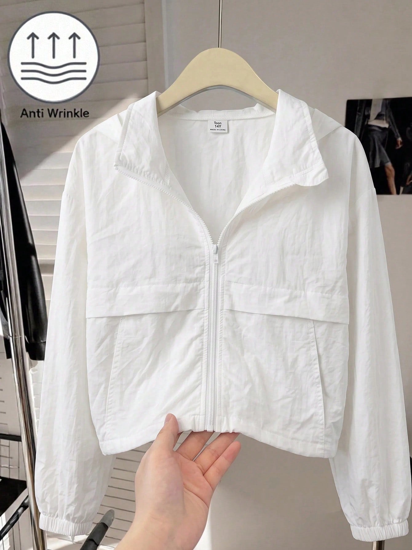 Teen Girl Woven Solid Color Patch Pocket Short Loose Casual Streetwear Hooded Winter Jacket Back-To-School White Autumn