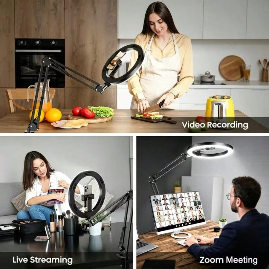 This 10-Inch Ring Light With A Hanging Phone Holder Comes With A Flexible Table Arm. The Ring Light Is Powered By USB, And The Stand Angle Is Adjustable. Suitable For Video Recording, Cooking, Nail Ar