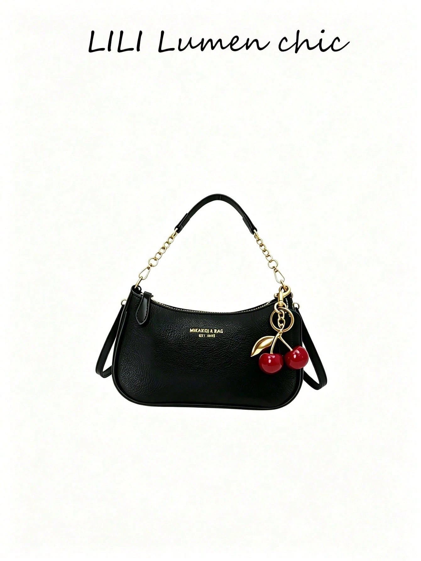 This Fashionable Shoulder Bag Features A Classic Letter Pattern And Pearl Cherry Pendant Decoration. Made Of Solid-Color Waterproof PU Material, It Can Be Used As A Shoulder Bag, Underarm Bag, Crescen