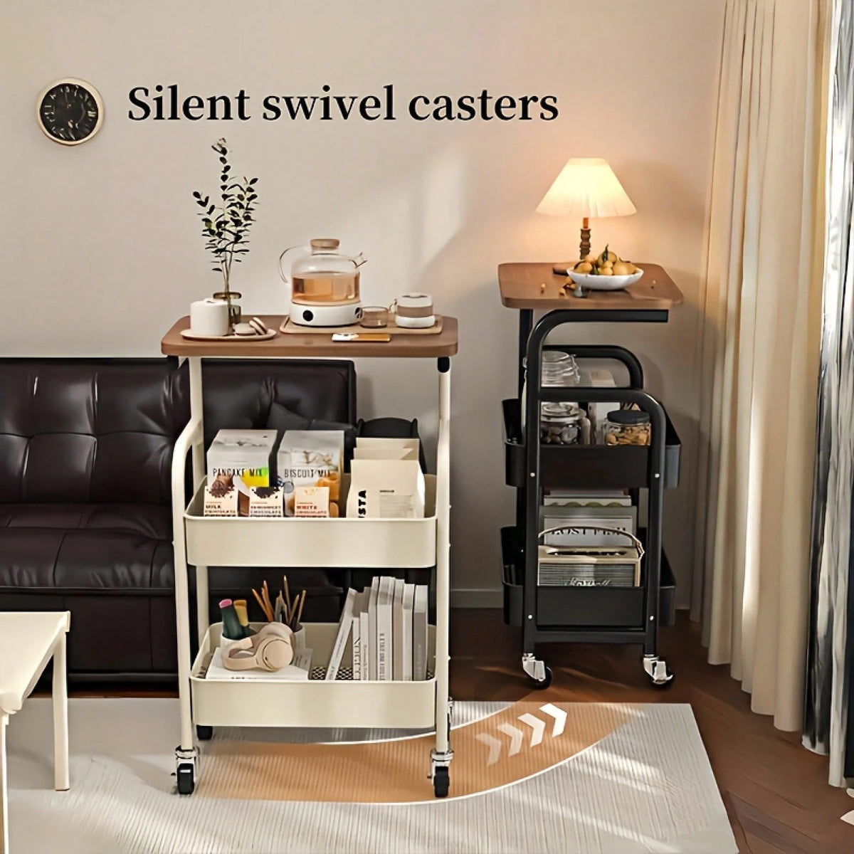 Three-Layer Rolling Cart, Multi-Functional Metal Storage Rack, Snack Rack, Durable Steel Frame, Portable Wheels, Suitable For Home Or Office Use, Office Storage And Organization Rolling Cart