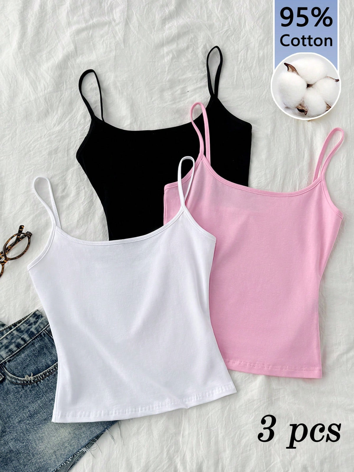 Tseoso 3pcs/Set Black, White, Pink Women's Sexy Cropped Camisole Tops, Suitable For Summer Beach