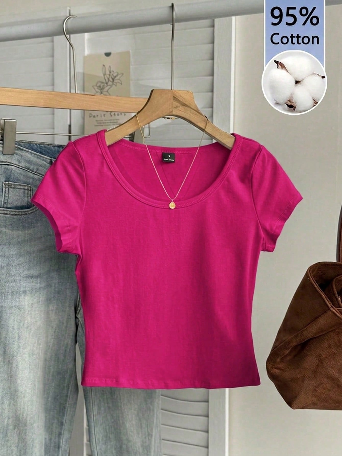 Tseoso 95% Cotton Casual Minimalist Pattern Scoop Neck Cap Sleeve Fitted Women T-Shirt, Rose Red